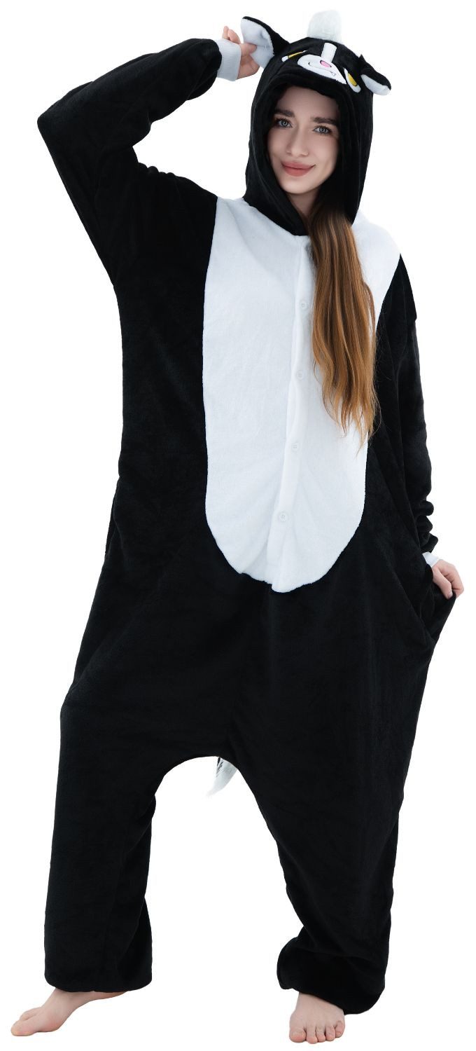 Corimori Partyanzug Onesie Ganzkörper Kostüm für Erwachsene, Stinktier-Kostüm Damen Herren Karneval Tier-Kostüme Stinktier,L