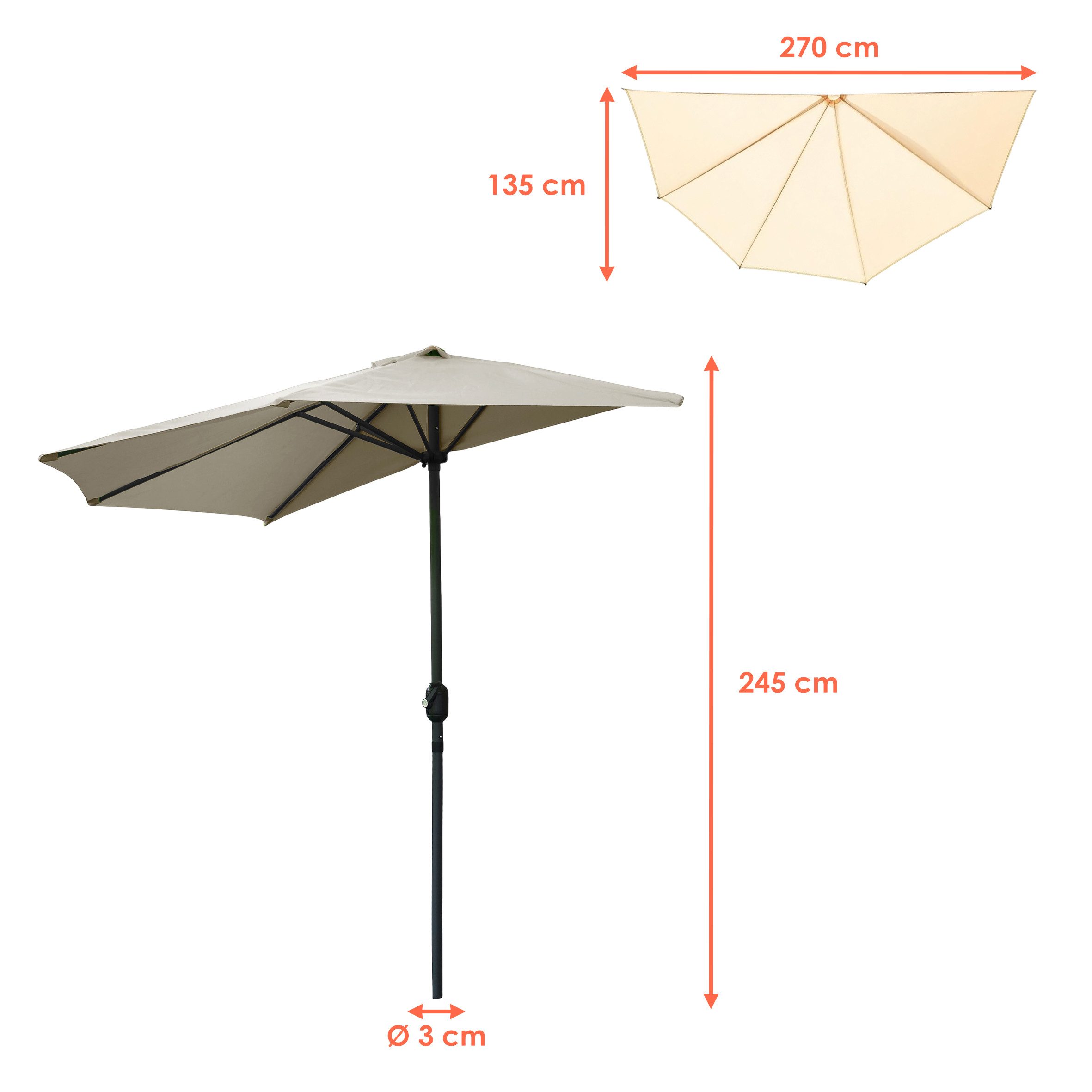 Spetebo Sonnenschirm Sonnenschirm 270 cm mit Kurbel halbrund, LxB: 270x270 cm, Anazhl, Typ, mit Handkurbel