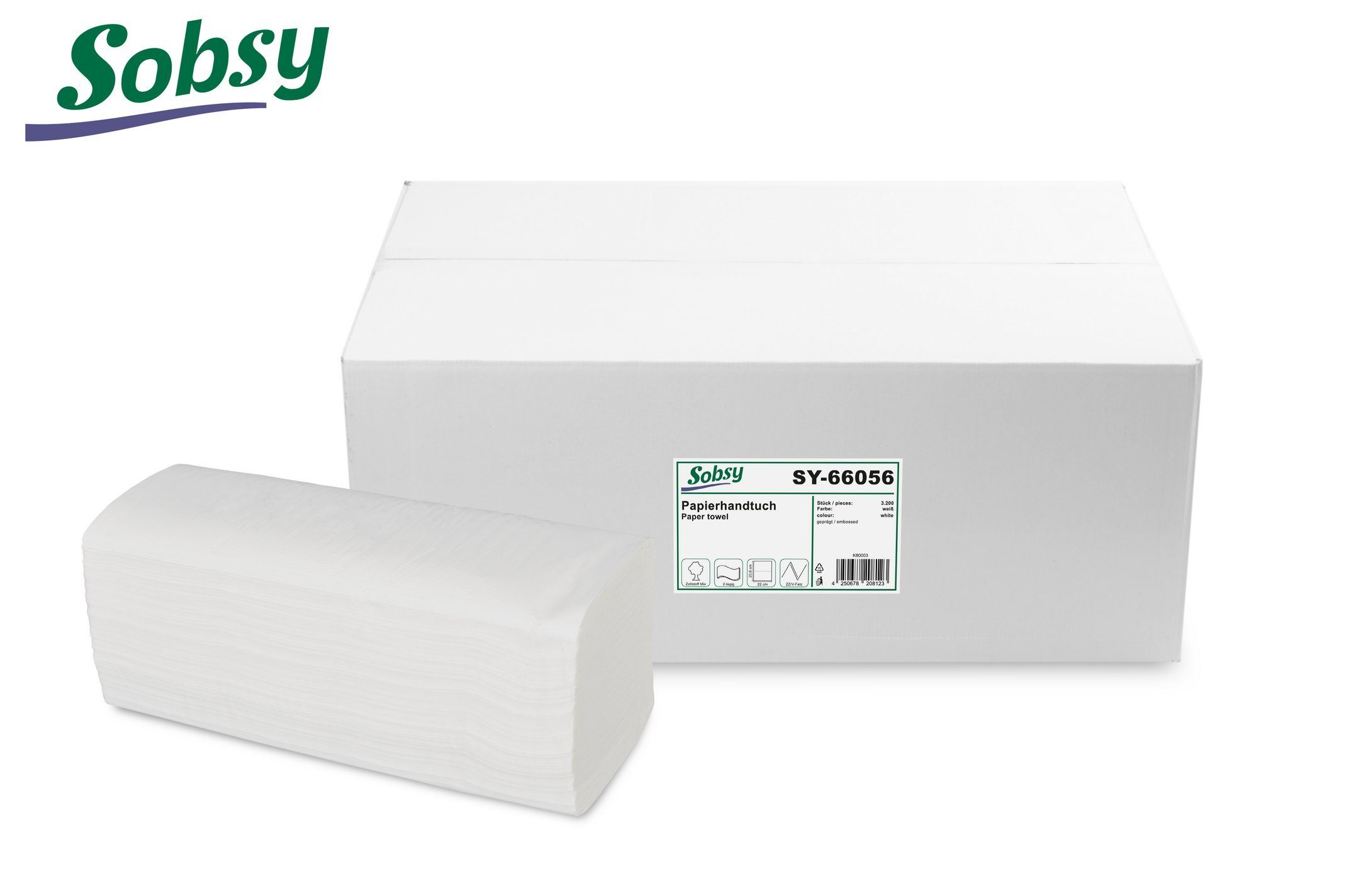 Sobsy Papierhandtuch Zellstoffmixpapier, 2-lagig, 22x20,8 cm, 3200 Blatt, ZZ/V-Falz