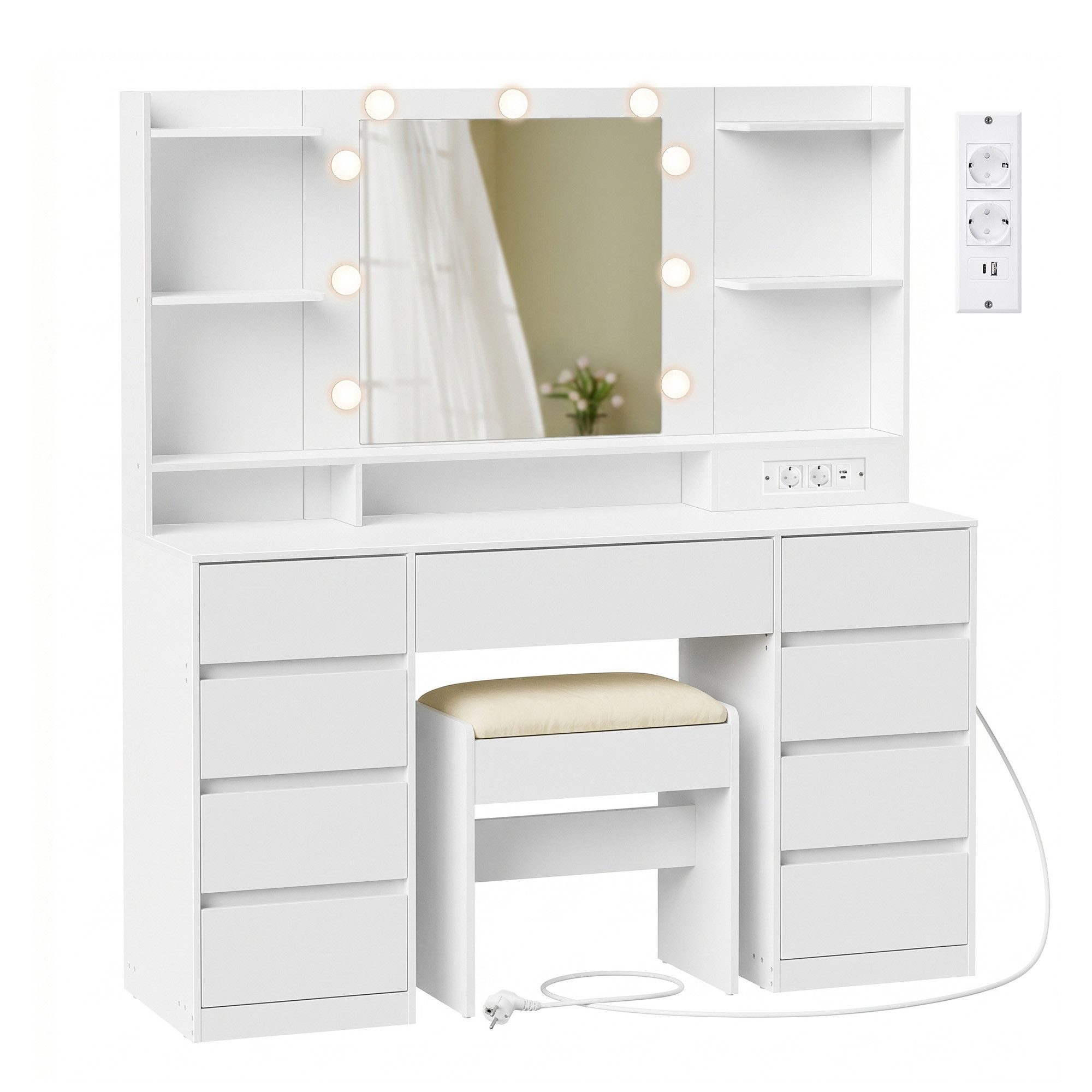 VASAGLE Schminktisch Kosmetiktisch mit Spiegel und 9 dimmbare Glühbirnen, 3 Lichtfarben (1 Tisch mit 1 Hocker), 40 x 107 x 144 cm (T x B x H), 9 Schubladen, müh – Bild 2 von 5