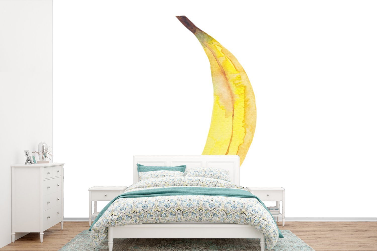 MuchoWow Fototapete Banane - Aquarell - Weiß, Matt, bedruckt, (6 St), Wallpaper für Wohnzimmer, Schlafzimmer, Kinderzimmer, Vinyl Tapete