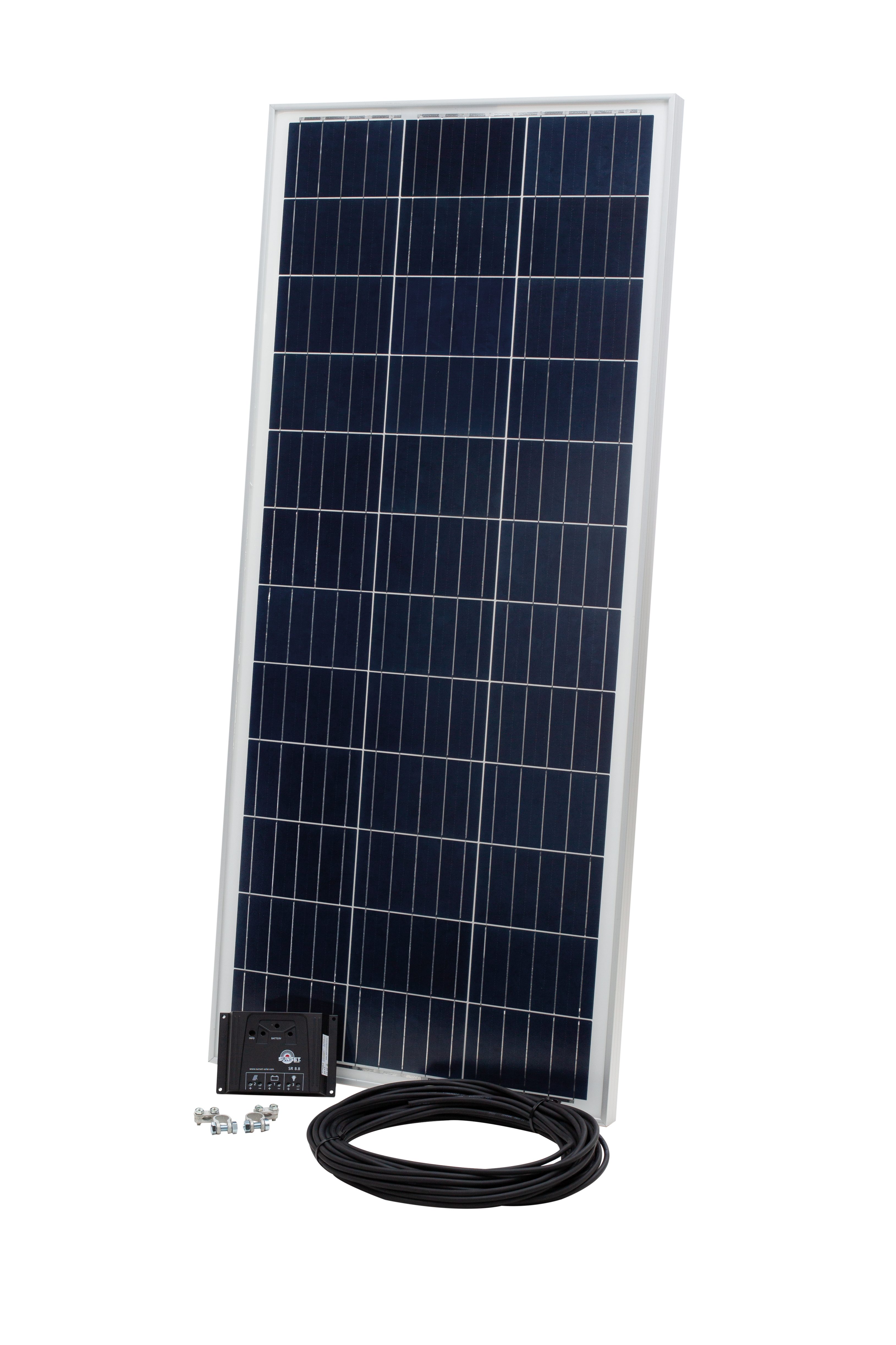 Sunset Solaranlage SUNkit®Solarstrom-Set 100W „Made in Germany“ für Camping/WoMo/Garten, 100 W, (Set, inkl. Solarmodul, Laderegler 8A, 10 m Kabel, Batteriepolklemmen), 12V, polykristallines Solarpanel, langlebig, UV stabil, 35 mm Rahmen