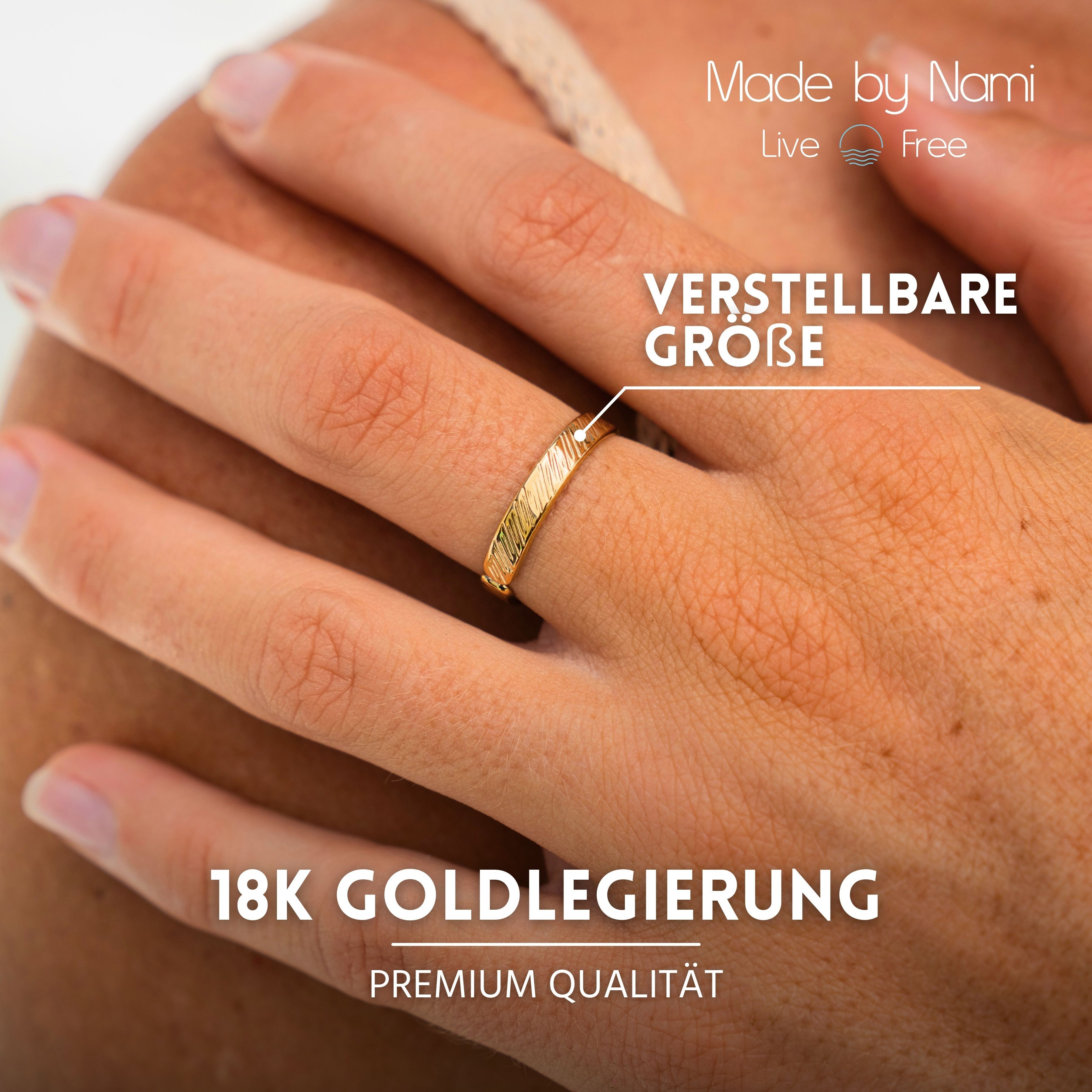 Made by Nami Goldring Boho Damenring gold geriffelt größenverstellbar wasserfest, aus Edelstahl – Boho-Stil – glänzend – filigran – Bild 2 von 5