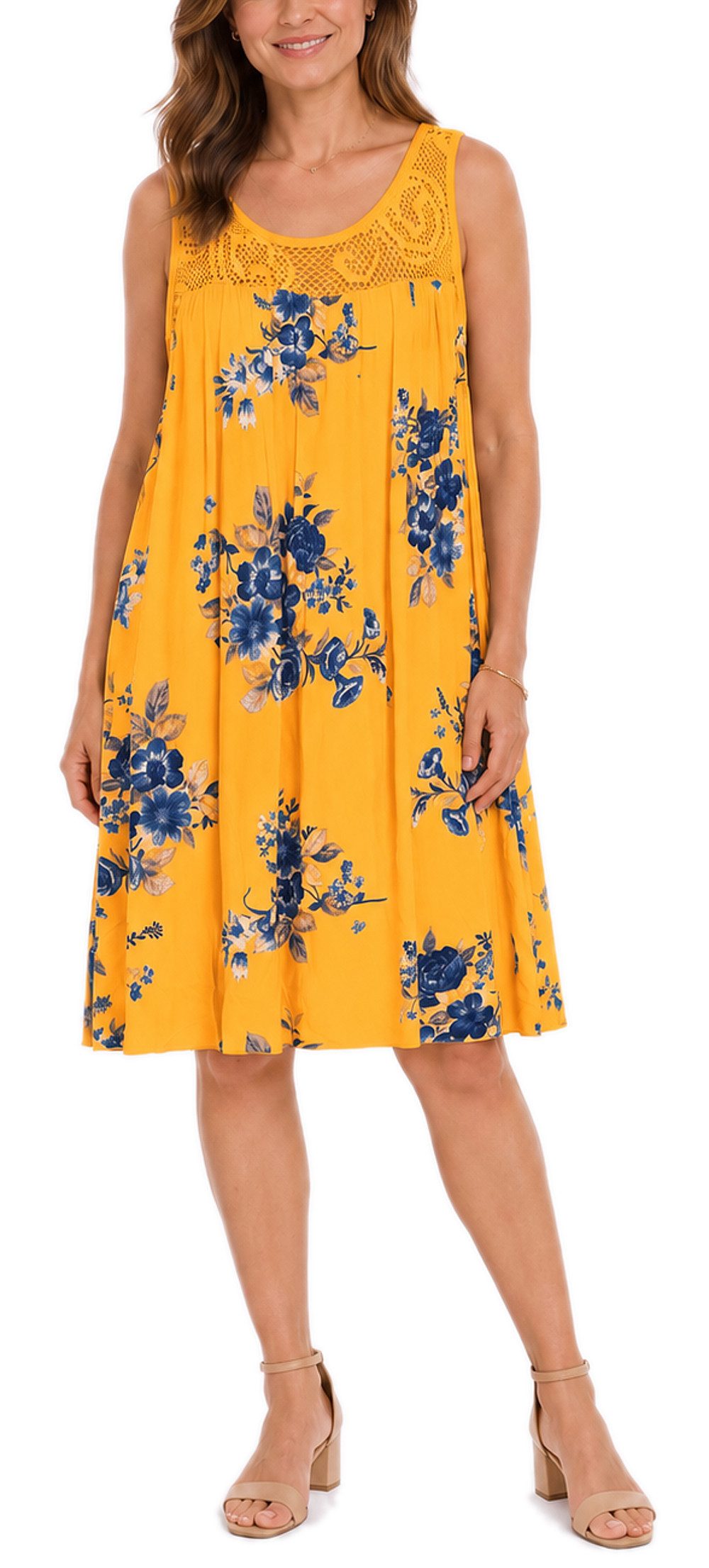 dy_mode Midikleid Damen Sommerkleid Blumenmuster Midi Kleid Strandkleid knielang Knielang, Transparente Häkel-Einsatz im Dekolleté- und Rückenbereich