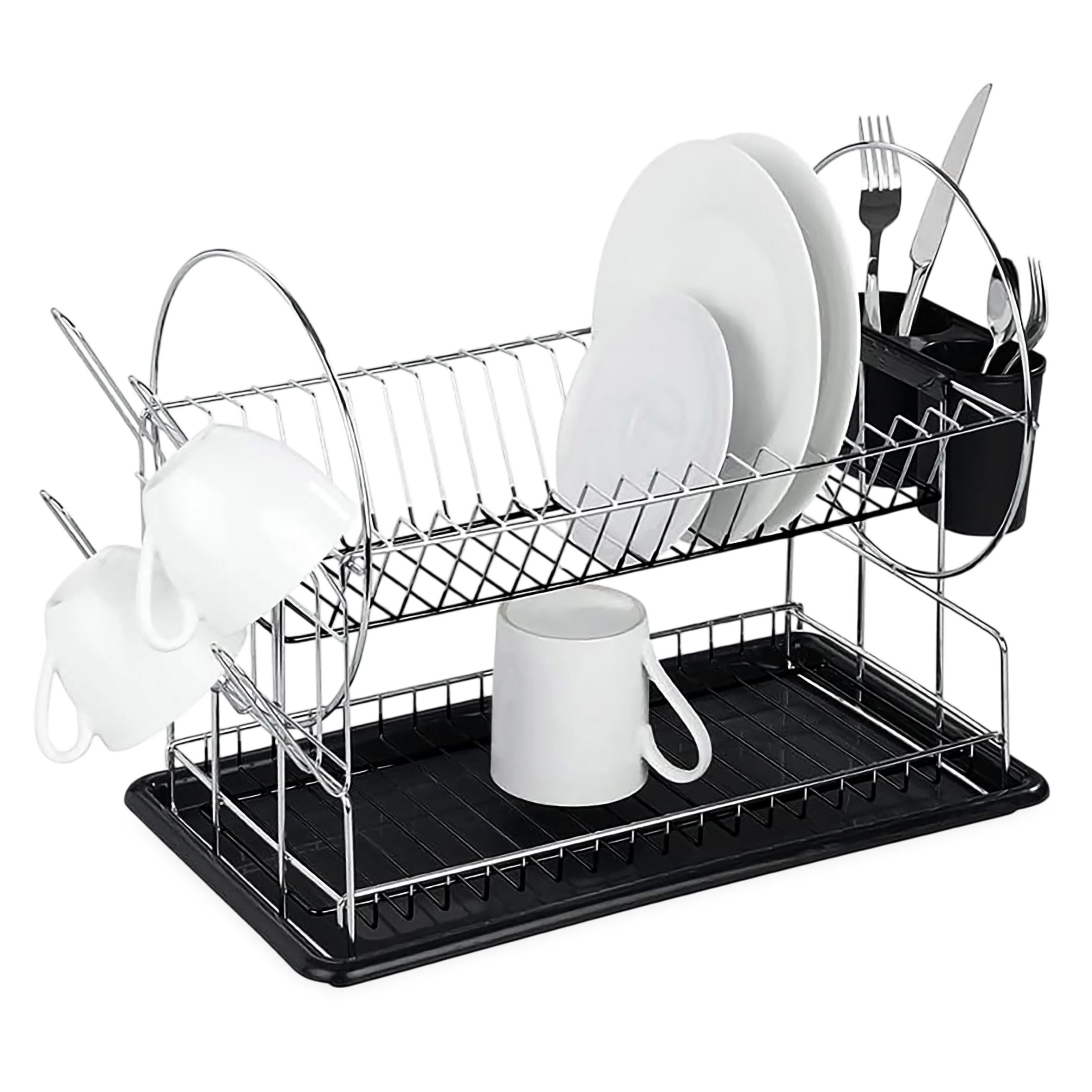 WENKO Geschirrständer Metall Abtropfgestell, Zubehör für Geschirr und Besteck, Schale mit integrierter Anti-Rutsch-Matte