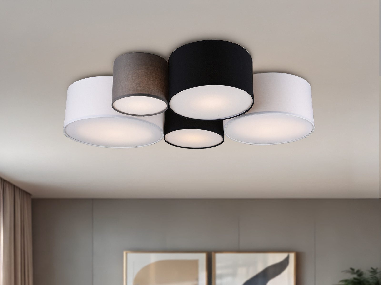 TRIO Leuchten LED Deckenleuchte mit 5 Stoff Lampenschirmen Breite 90cm, LED wechselbar, Warmweiß, große ausgefallene Deckenlampe mehrfarbig inkl. Leuchtmitteln