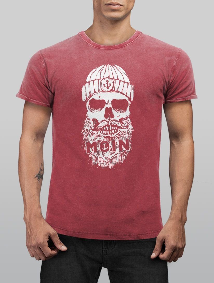Used Totenkopf Moin Herren Vintage Neverless Slim Skull Fit Shirt Print-Shirt T-Shirt Aufdruck Neverless® Print Printshirt Look rot mit Anker