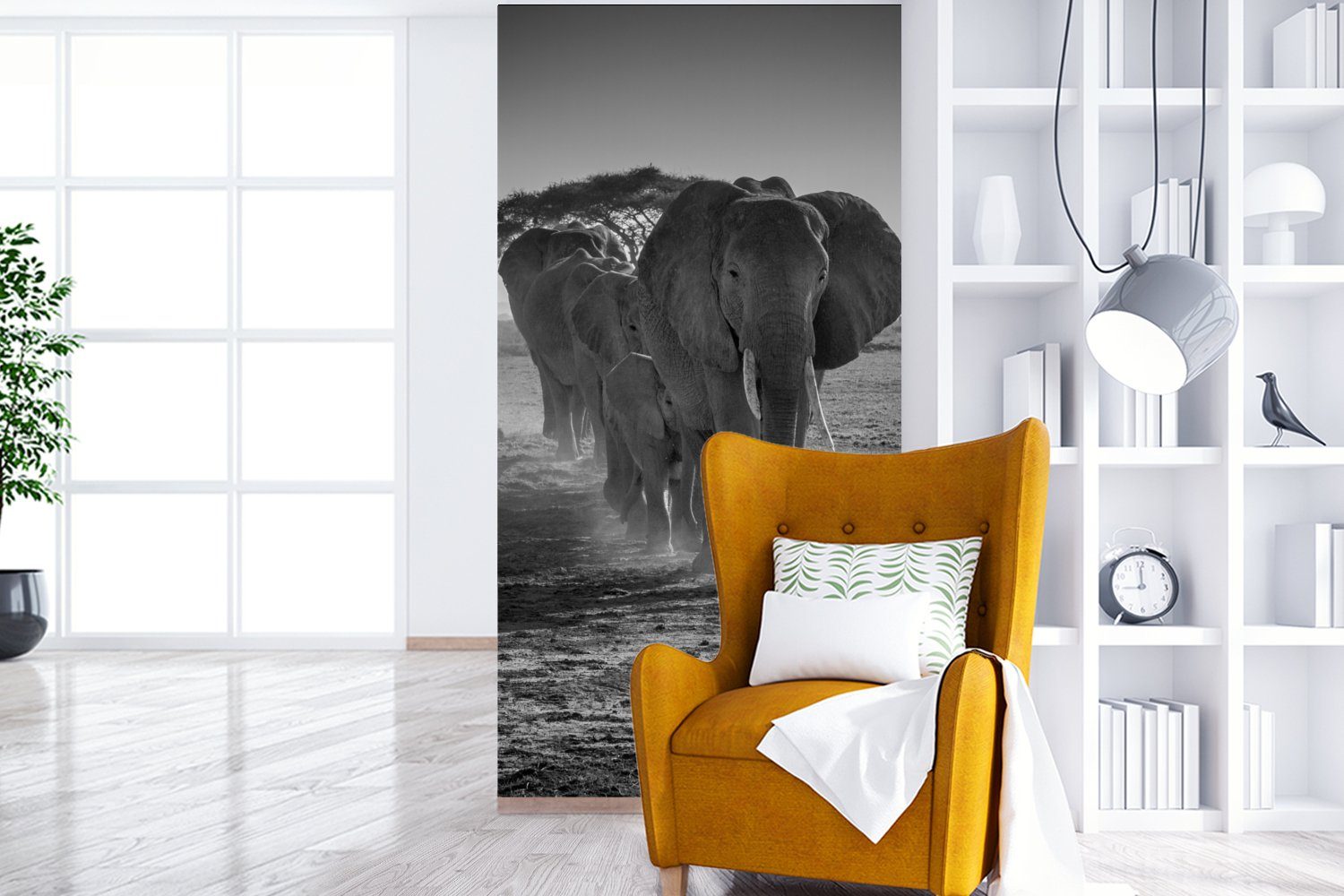 MuchoWow Fototapete Elefant - Einfarbig - (2 Tiere Matt, Küche, Weiß, - Schlafzimmer bedruckt, - Schwarz St), Vliestapete Wohnzimmer Fototapete für