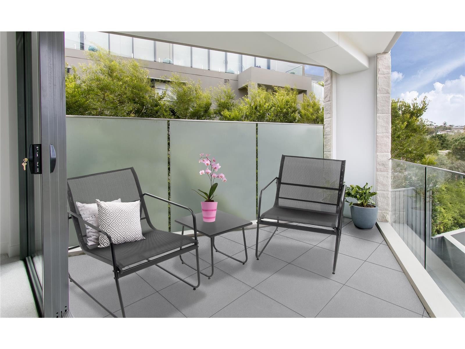 bellavista - Home&Garden® Gartenlounge-Set »Mali« Balkonmöbel Balkon Bistro Set platzsparend klein, (Set, 3-tlg., 2x Sessel, 1x Tisch), schwarz, Stahl, für 2 Personen, wetterfest - Garten, Terrasse, Balkon