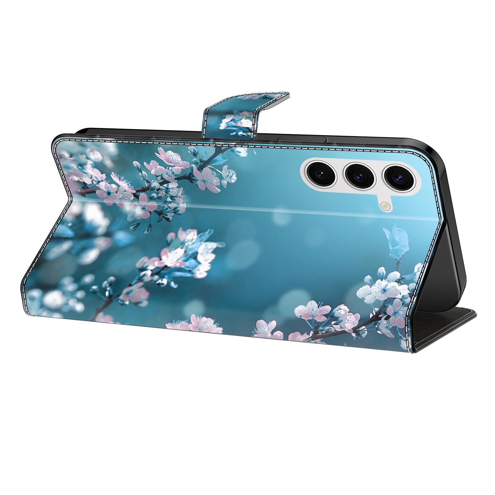 CLM-Tech Handytasche für Samsung Galaxy A37 5G Hülle aus PU Leder Klapphülle (Pflaumenblüte blau, 1-tlg., Flip Case), Magnetverschluss, Standfunktion und Karten – Bild 4 von 5