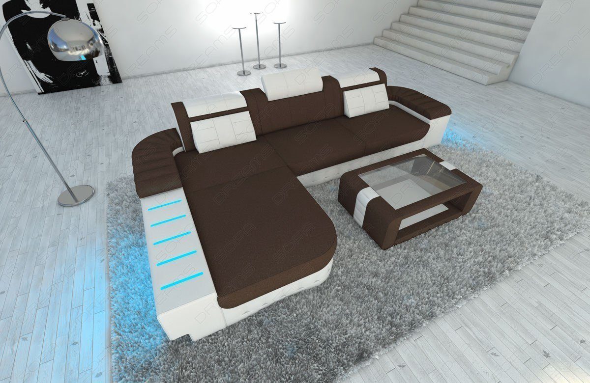 Sofa Dreams Ecksofa Polster Sofa Stoff Bellagio L Form Stoffsofa Couch, mit LED, wahlweise mit Bettfunktion als Schlafsofa, Designersofa C72 Dunkelbraun-Weiss