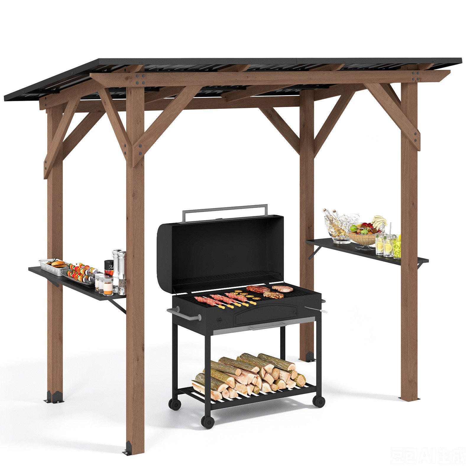 COSTWAY Grillpavillon, Grillüberdachung mit 2 Seitenregalen & Metalldach