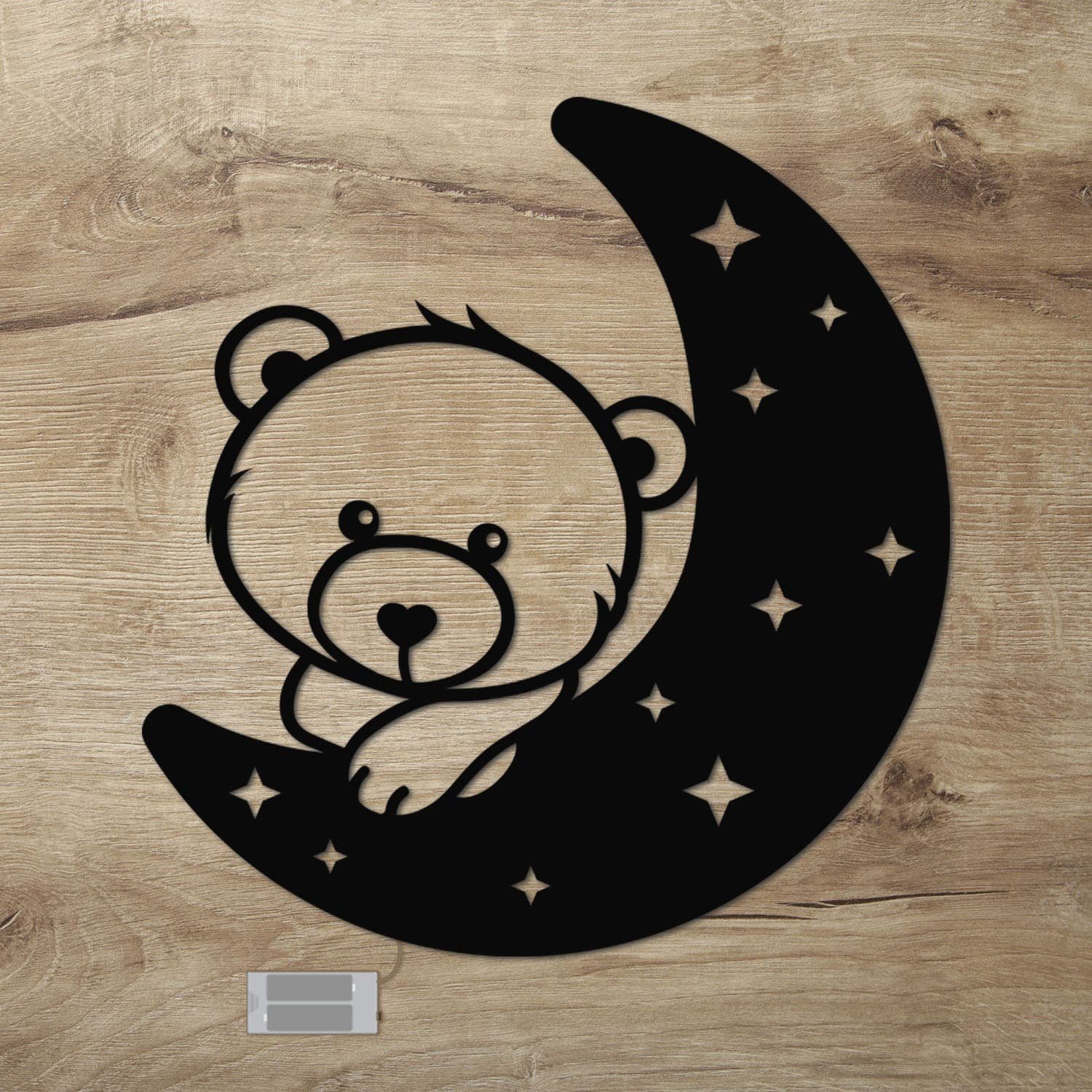 Namofactur LED Nachtlicht Bär auf Mond - Schlaflicht mit Bären Motiv für Kleinkinder, Ohne Zugschalter/Stern, LED fest integriert, Warmweiß, Wanddekoobjekt Kinderzimmer Leuchte batteriebetrieben Schwarz