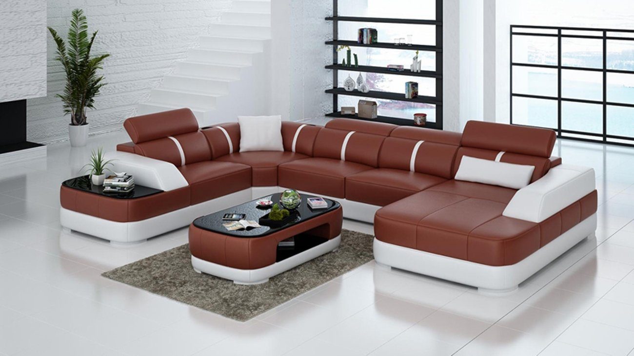 Modern Ecke Leder mit USB Garnitur U-Form Sofa Design Ecksofa Ledersofa JVmoebel