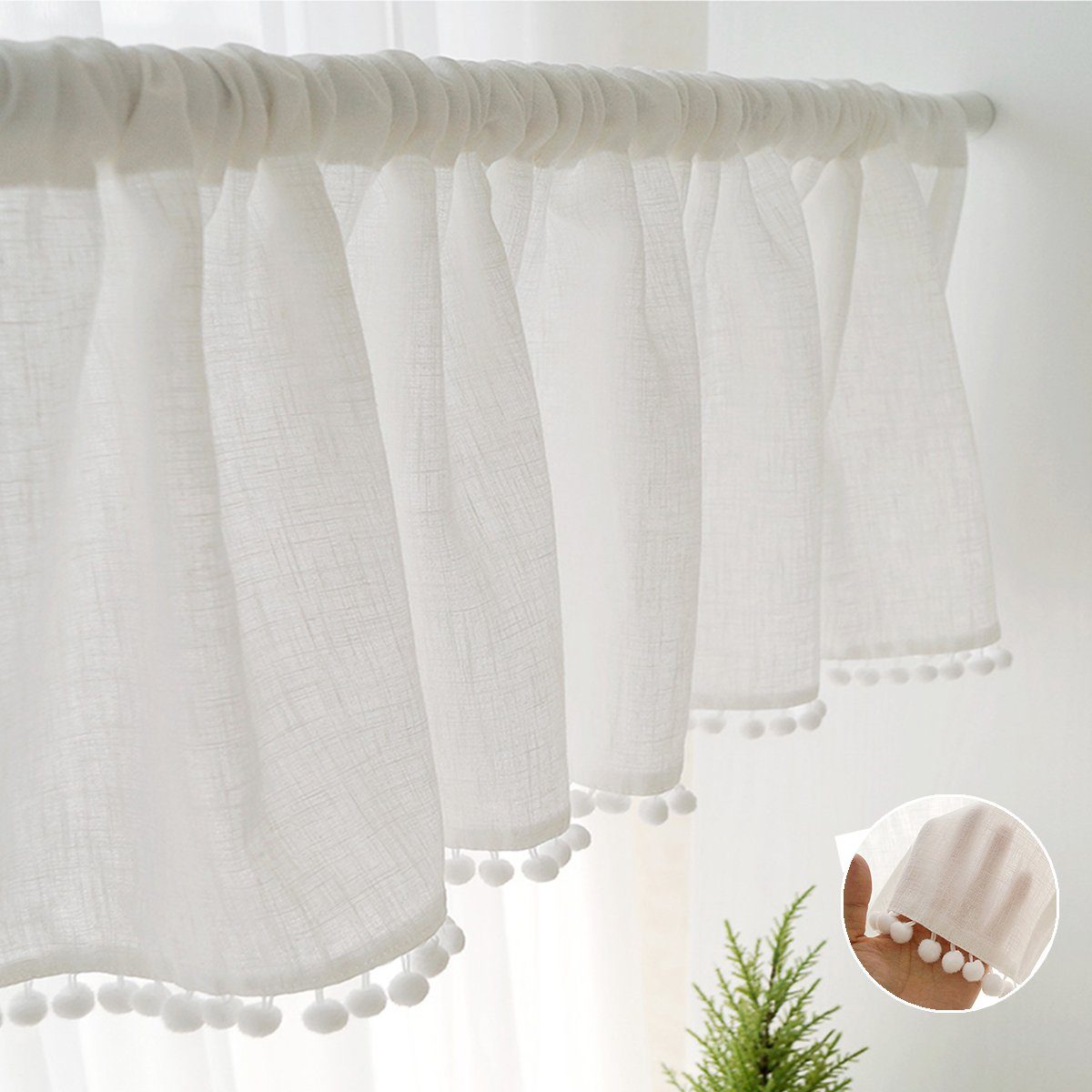 Scheibengardine Kurze Scheibengardinen mit Pompom-Quasten,Kurzes Fenster Vorhang, BTTO, (1 St), transparent, Leinen,weiß,durchsichtig,für Küche Wohnzimmer Schlafzimmer,1/2 Stück