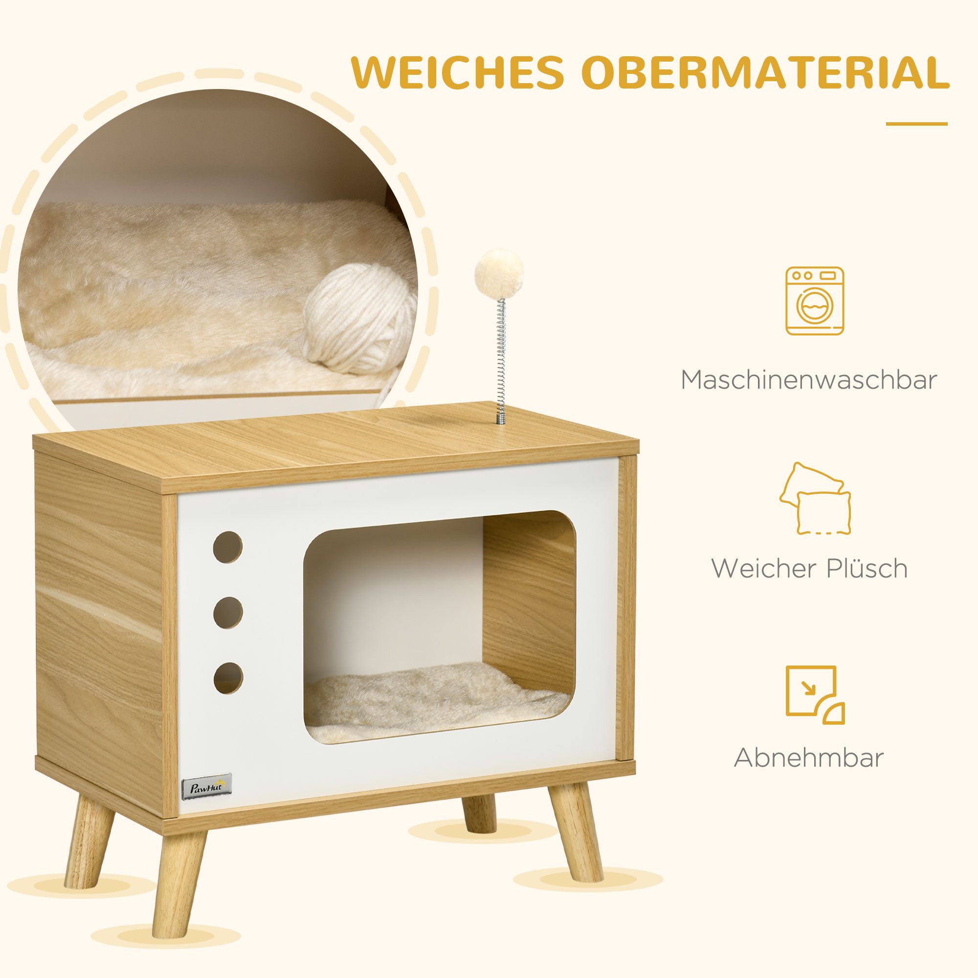 MC Star Katzenzelt Katzenhaus im TV-Design Spielball & Kissen inklusive, Katzenkorb, Eiche/Beige/Weiß, 50x28x43cm