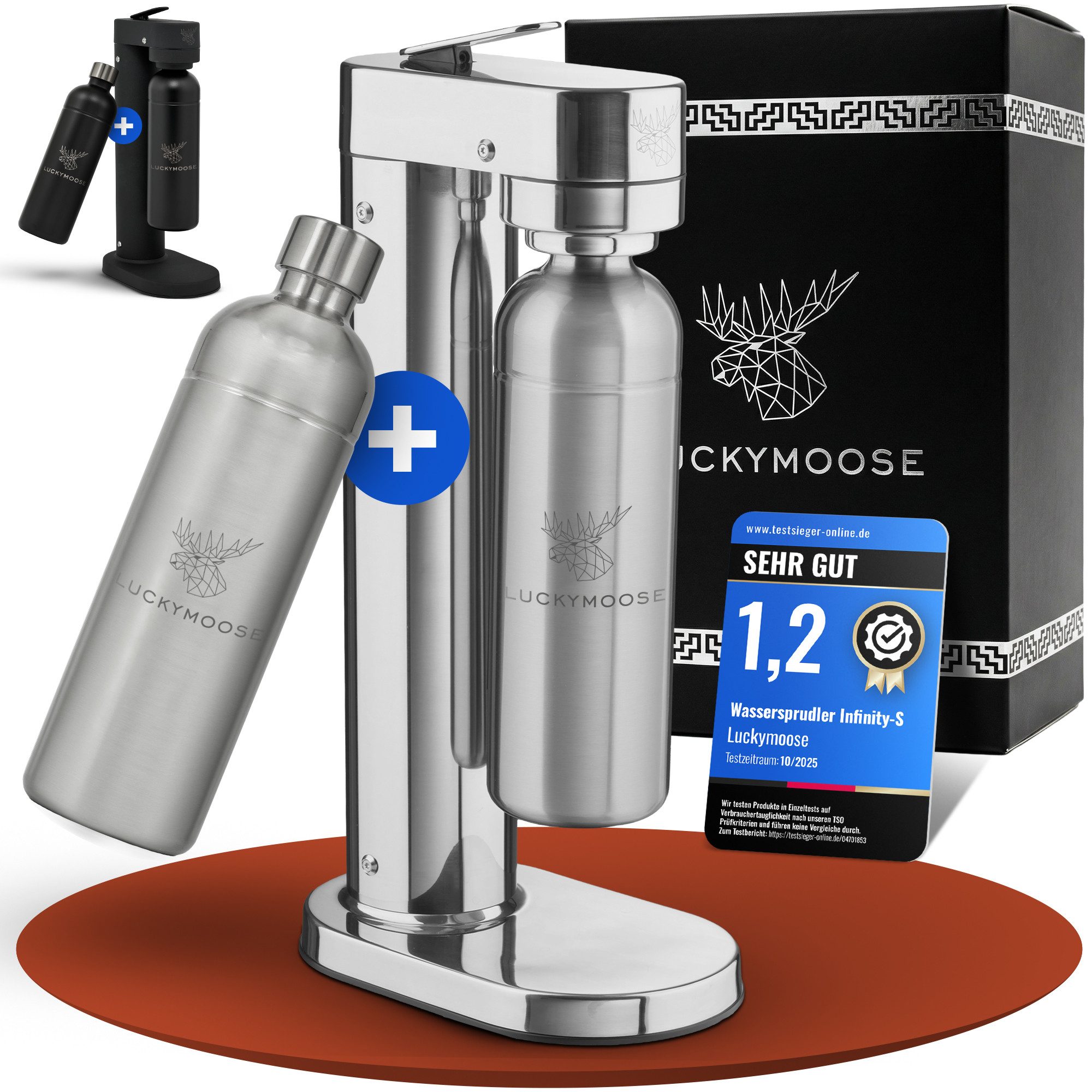 Luckymoose Wassersprudler Infinity-S mit 2x 1,25L langlebige Edelstahlflaschen, (2xSilber-tlg), Spart bis zu 25% CO2, Flaschen spülmaschinenfest & ohne Ablaufdatum