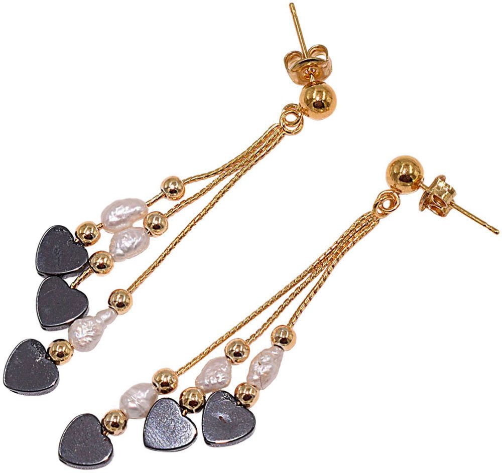Firetti Paar Ohrstecker Schmuck Geschenk Silber 925 Ohrschmuck Ohrringe Herzen Edelsteine, Made in Germany - mit Hämatit - mit Süßwasserzuchtperle