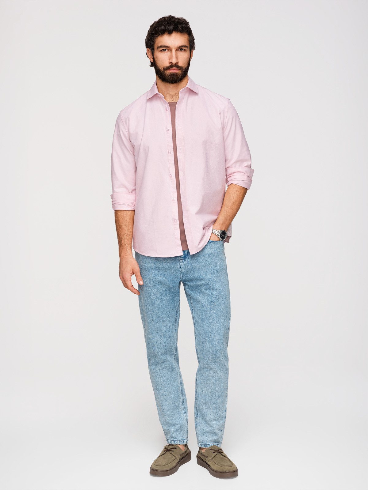 OMBRE Langarmhemd Herren Oxford Langarmhemd Regular Fit Peach M (kein Set, 1-tlg) Melange-Oberfläche