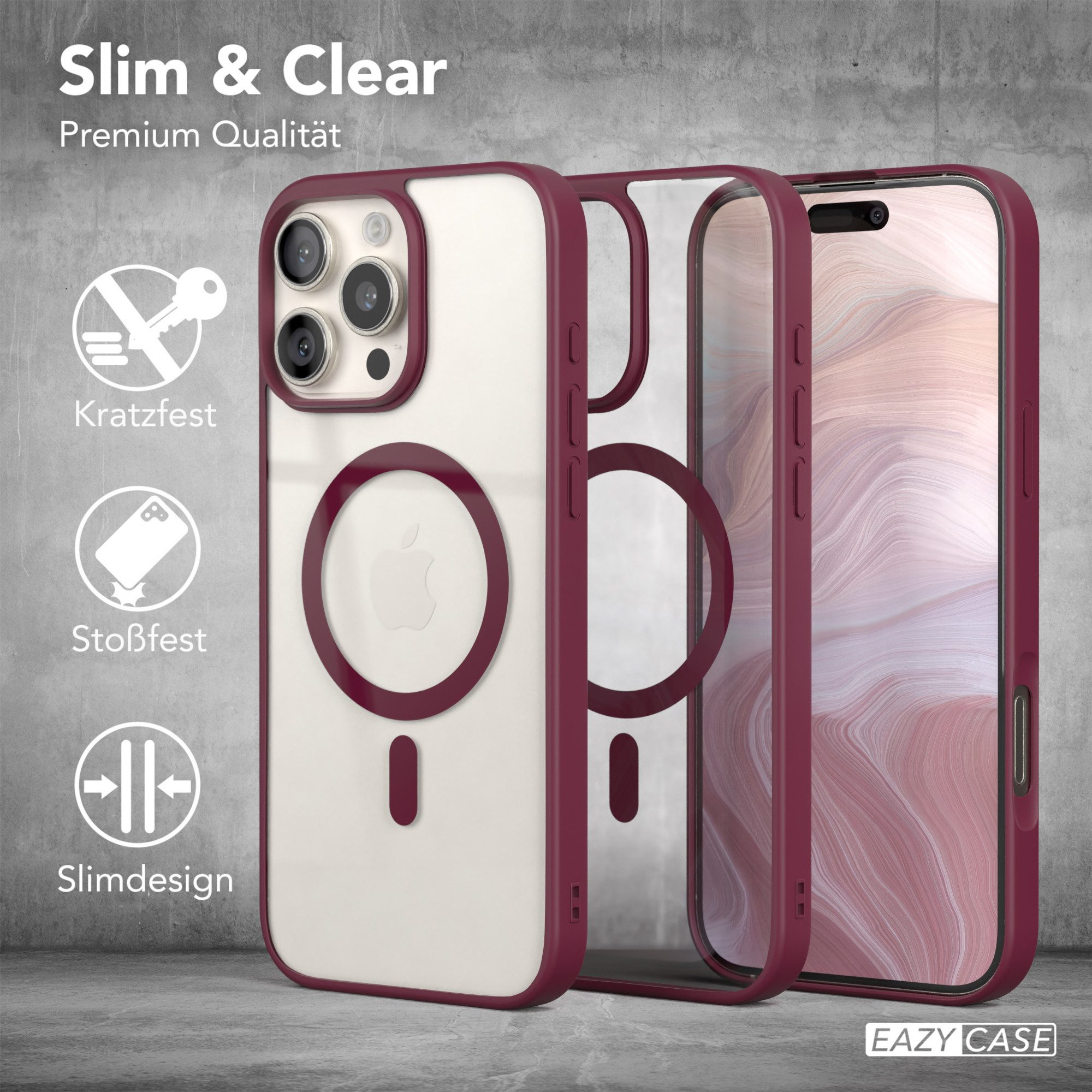 EAZY CASE Handyhülle Transparente Hülle mit MagSafe iPhone 16 Pro Max 6,9 Zoll, Back Cover Slimcover mit Displayschutz, Magsafefunktion, Bumper, Beere – Bild 5 von 5