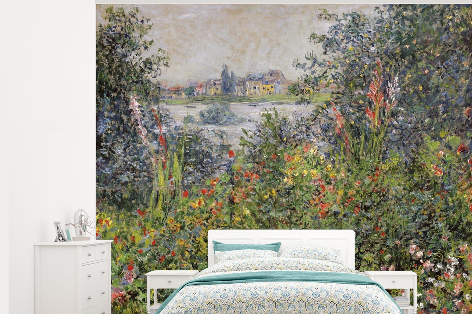 MuchoWow Fototapete Blumen in Vetheuil - Gemälde von Claude Monet, Matt, bedruckt, (5 St), Montagefertig Vinyl Tapete für Wohnzimmer, Wandtapete