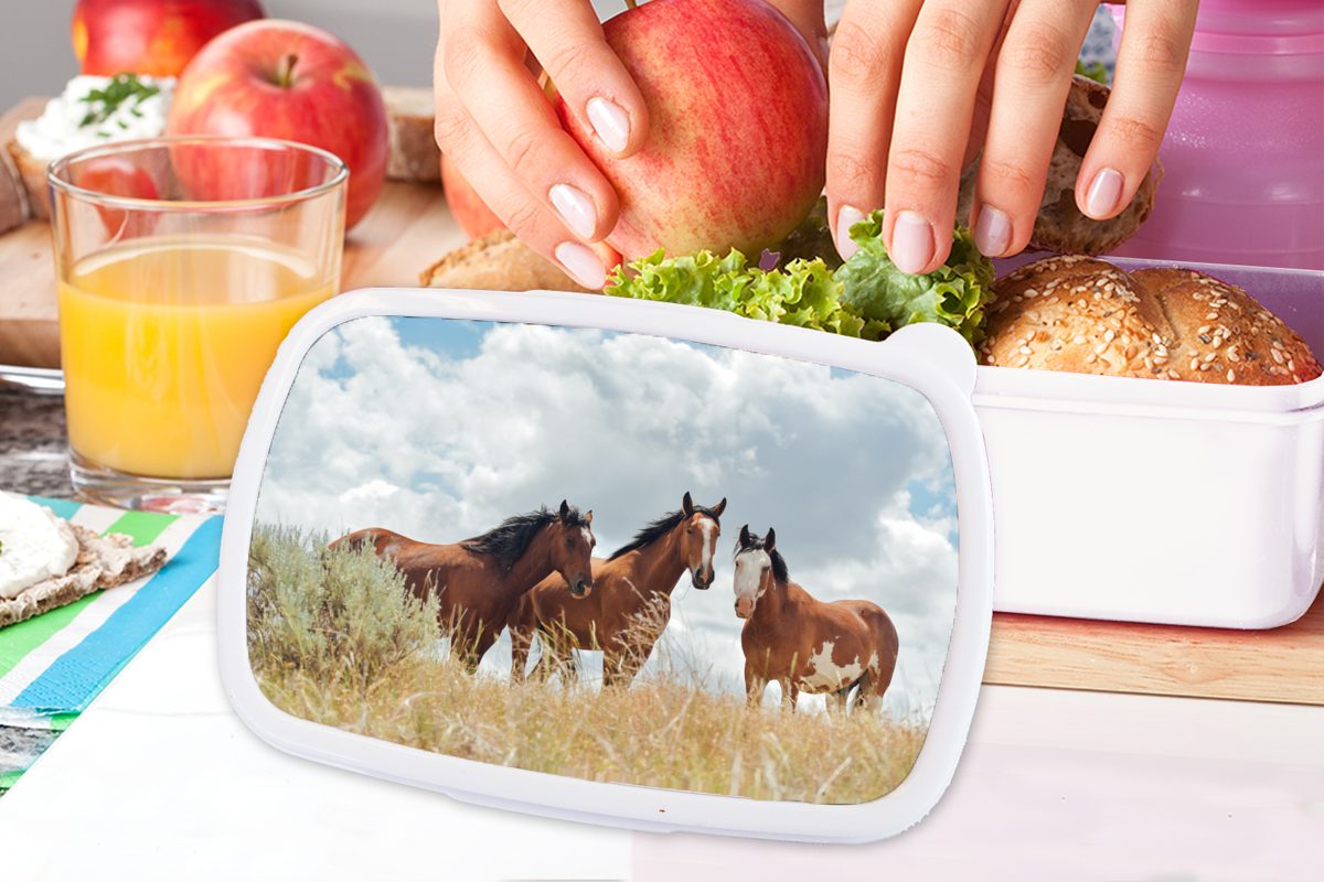 MuchoWow Lunchbox Erwachsene, Kunststoff, die Mustang-Pferde Brotdose, Jungs in Brotbox Kamera, und Mädchen weiß und für schauen Kinder (2-tlg), für Drei