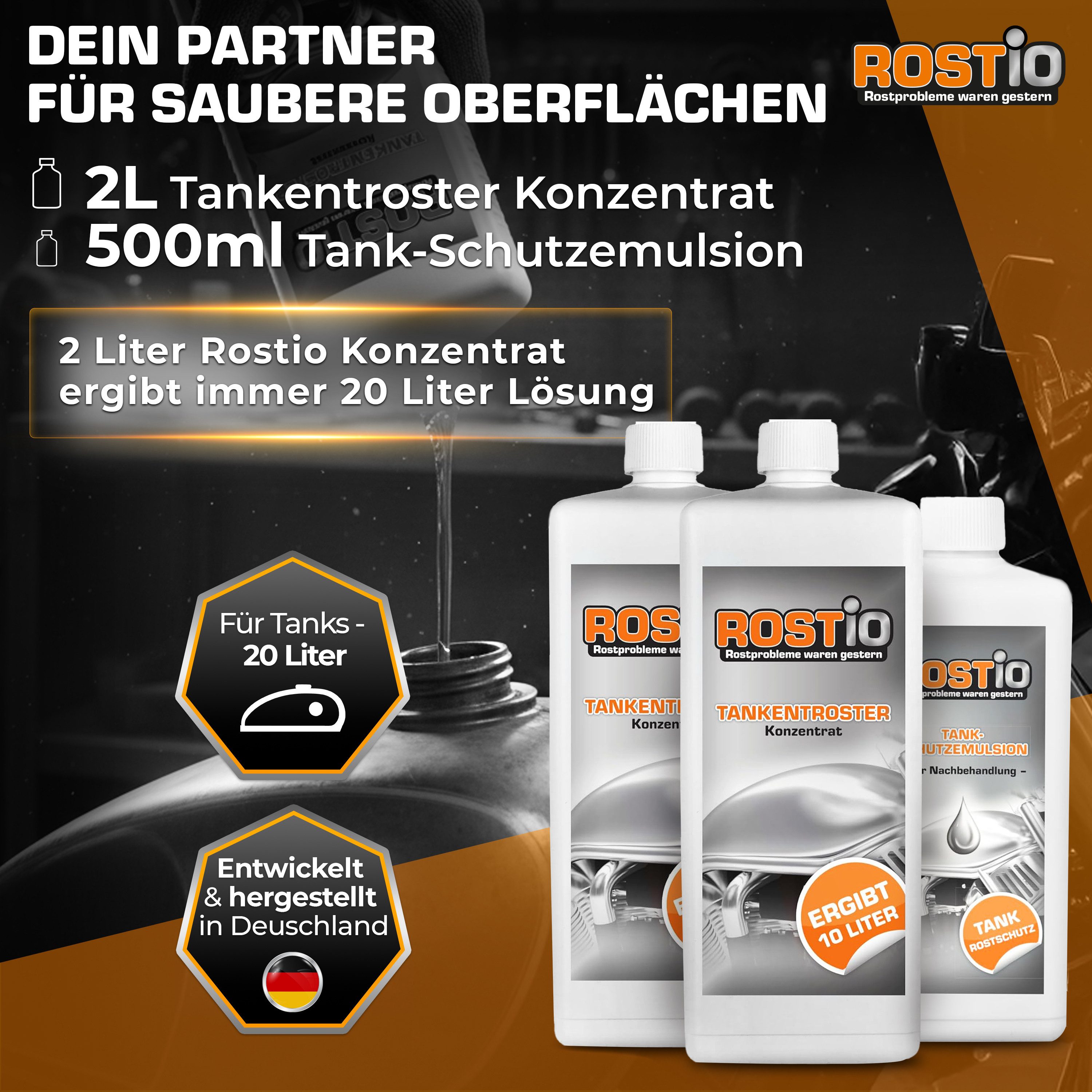 Rostio Tankentroster Set - 2x1 Liter Konzentrat + 500ml Schutzemulsion Rostentferner (2 Liter Rostio Tankentroster ergeben 20 Liter Tankentroster)