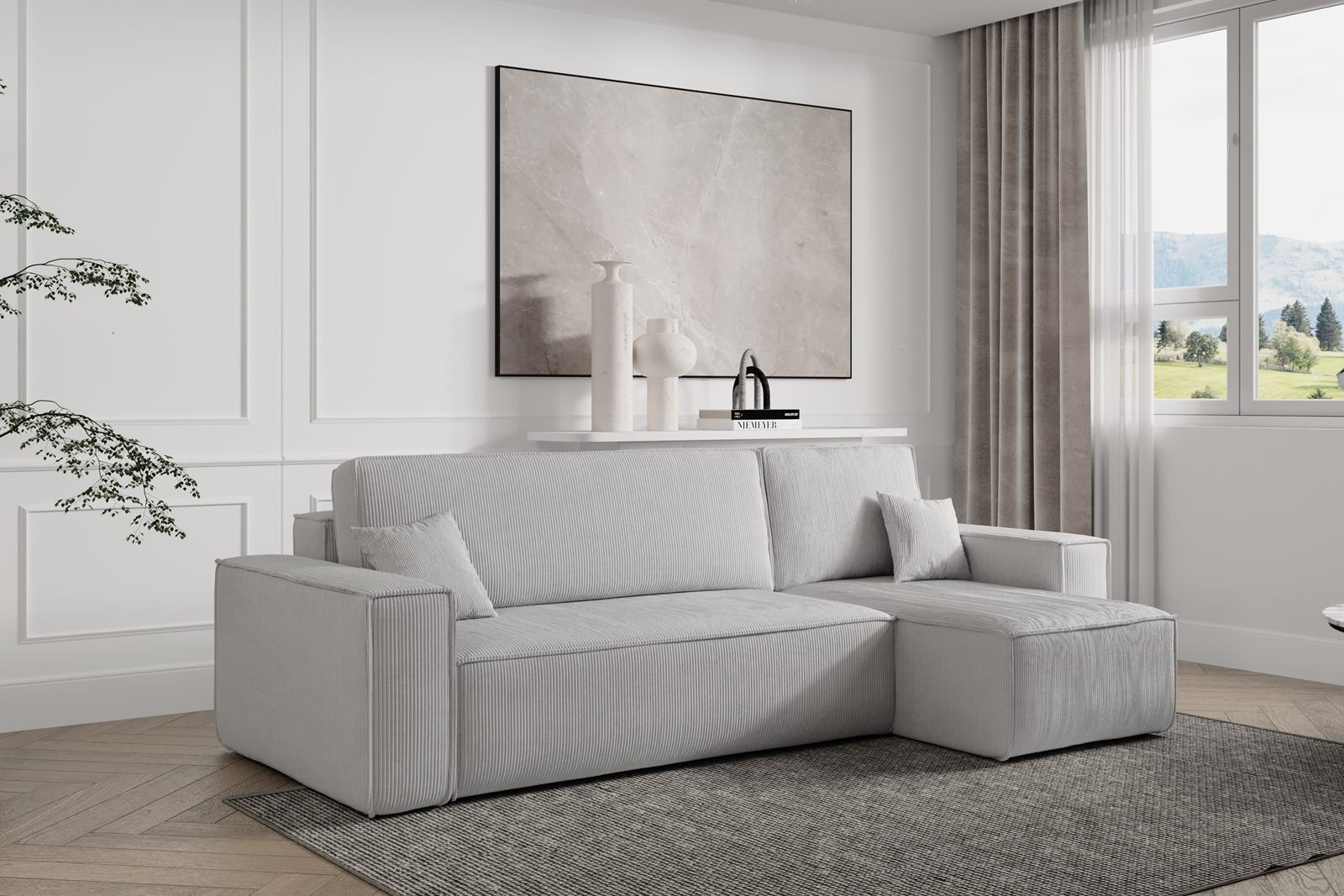 Compleo Ecksofa TOKYO, L-form Ecke, mit universelle mane und Schlaffunktion, Cord, Breite 244 cm, mit Bettkasten, Modern Wohnzimmer Aschgrau