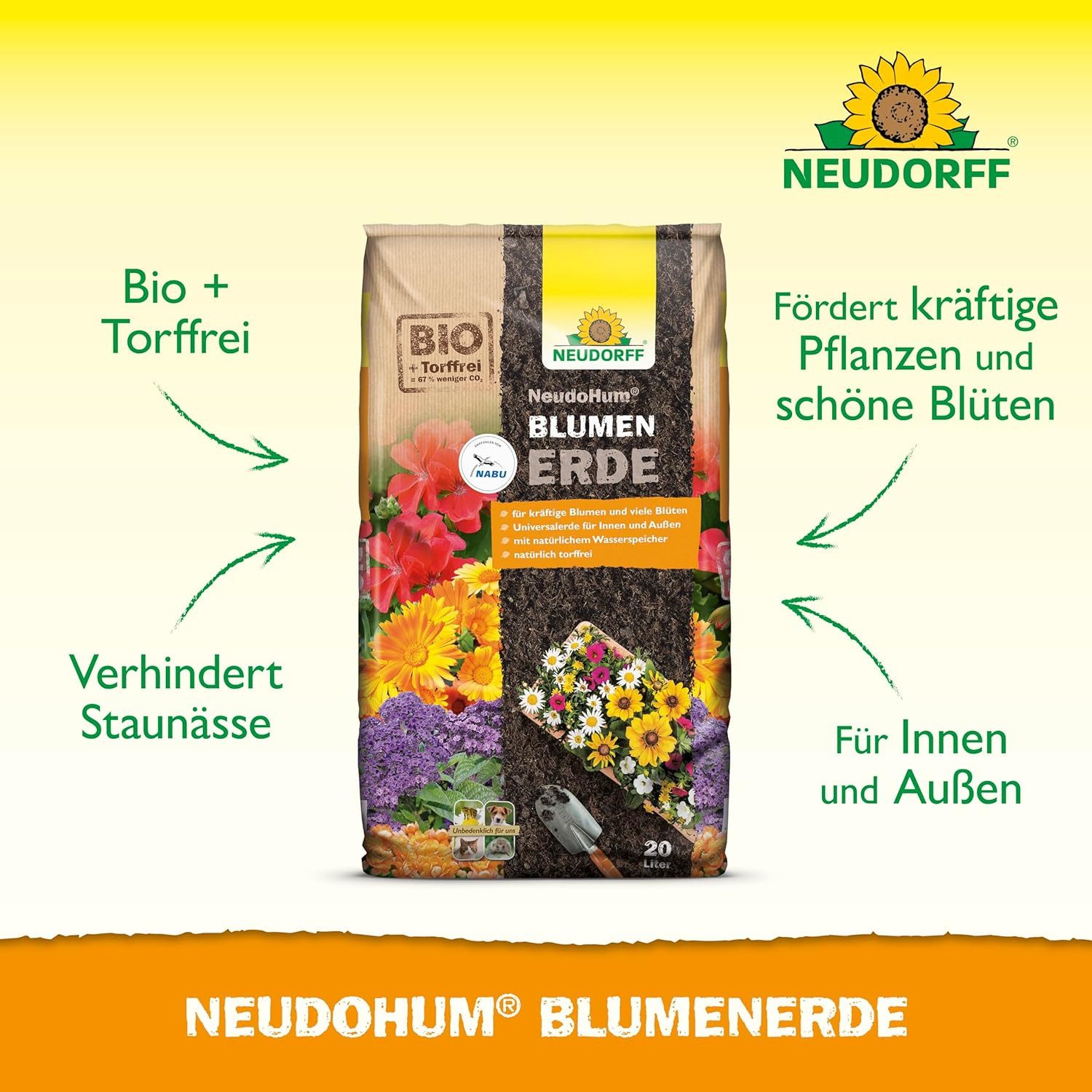 Neudorff Blumenerde NeudoHum Bio BlumenErde 20 Liter, mit Organischer Dünger, (Einzelartikel), Torffreie Blumenerde für Zimmer-, Balkon- und Gartenpflanzen.