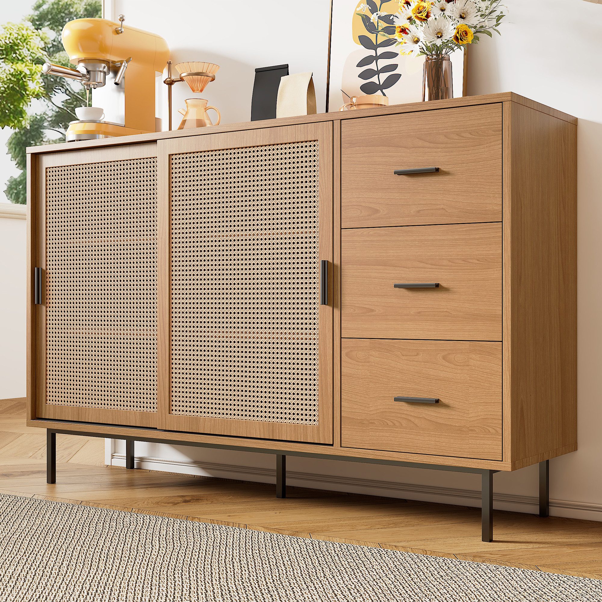 Flieks Kommode mit 2 Rattan-Schiebetüren und 3 Schubladen (Maße: B140/H91/T37 cm, 1 St., Schrank für Wohnzimmer, Schlafzimmer, Arbeitszimmer und Esszimmer), Sideboard Holzschrank Mehrzweckschrank mit verstellbaren Einlegeböden