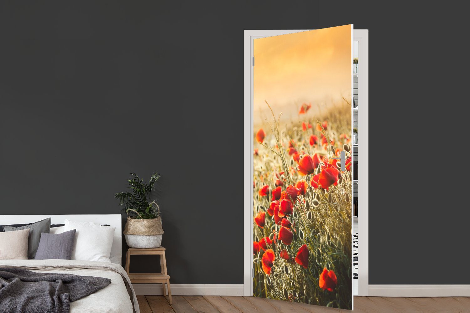 Sonnenstrahlen cm Türaufkleber, (1 für einem Türtapete 75x205 Fototapete St), Matt, Tür, über MuchoWow Mohnblumenstrauß, bedruckt,