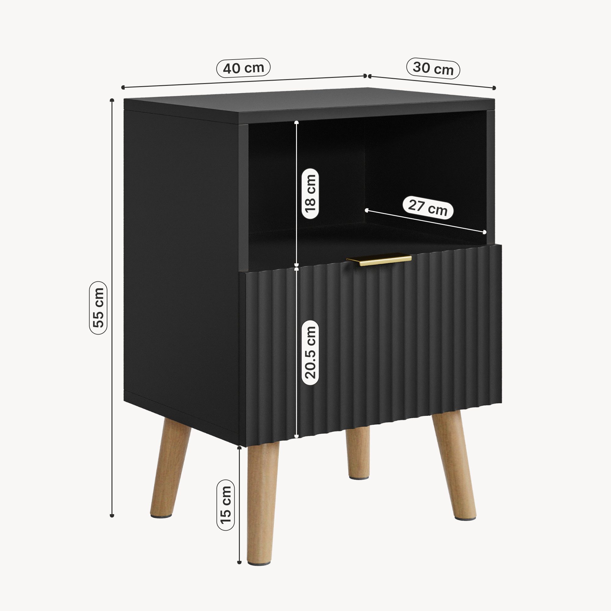 en.casa Nachttisch (1-St), »Nand« 1 Schublade 1 offenes Fach 55x40x30 cm Holzbeine Schwarz