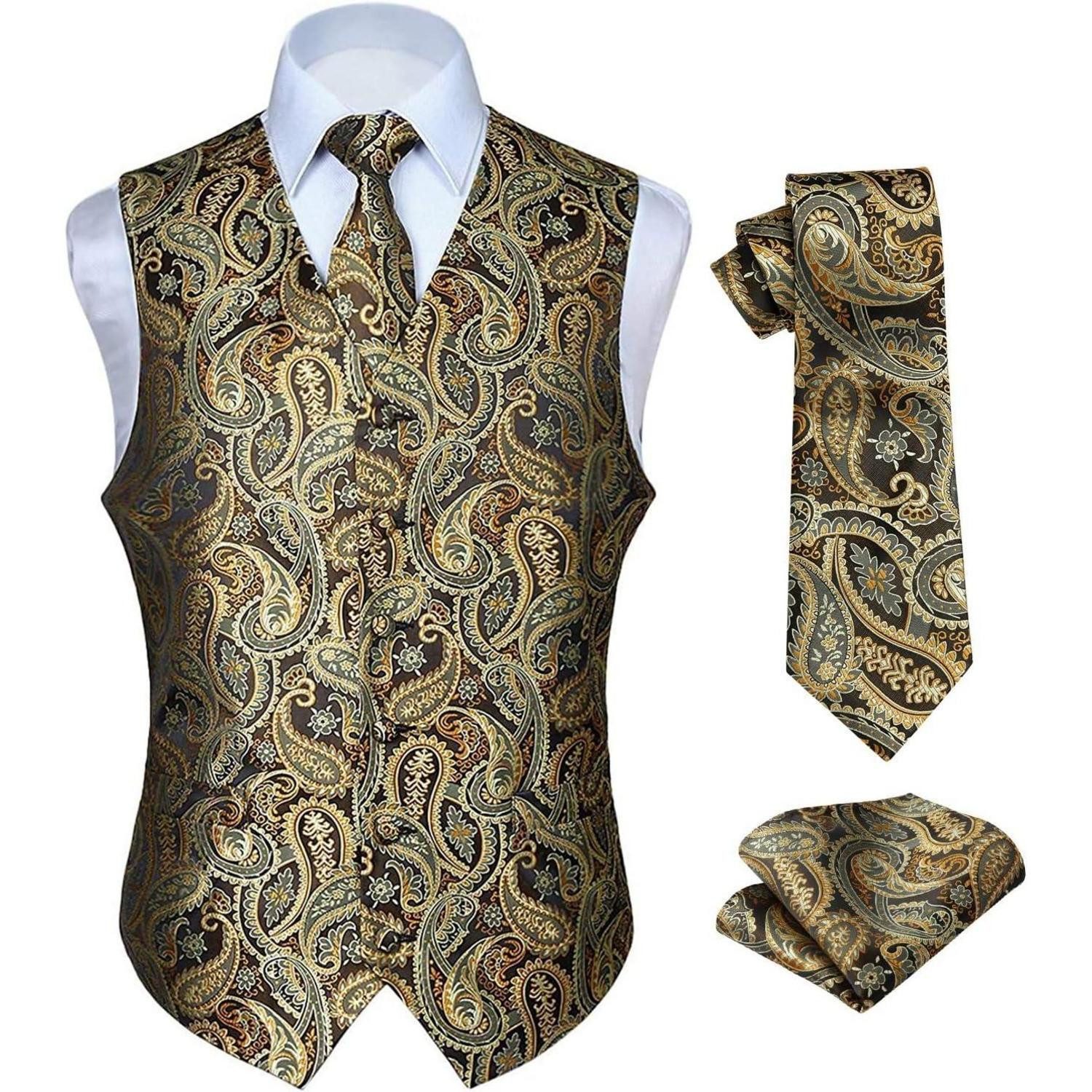 LuxusKollektion Krawatte Weste Herren Hochzeit Krawatte Einstecktuch Anzugset XL Gold