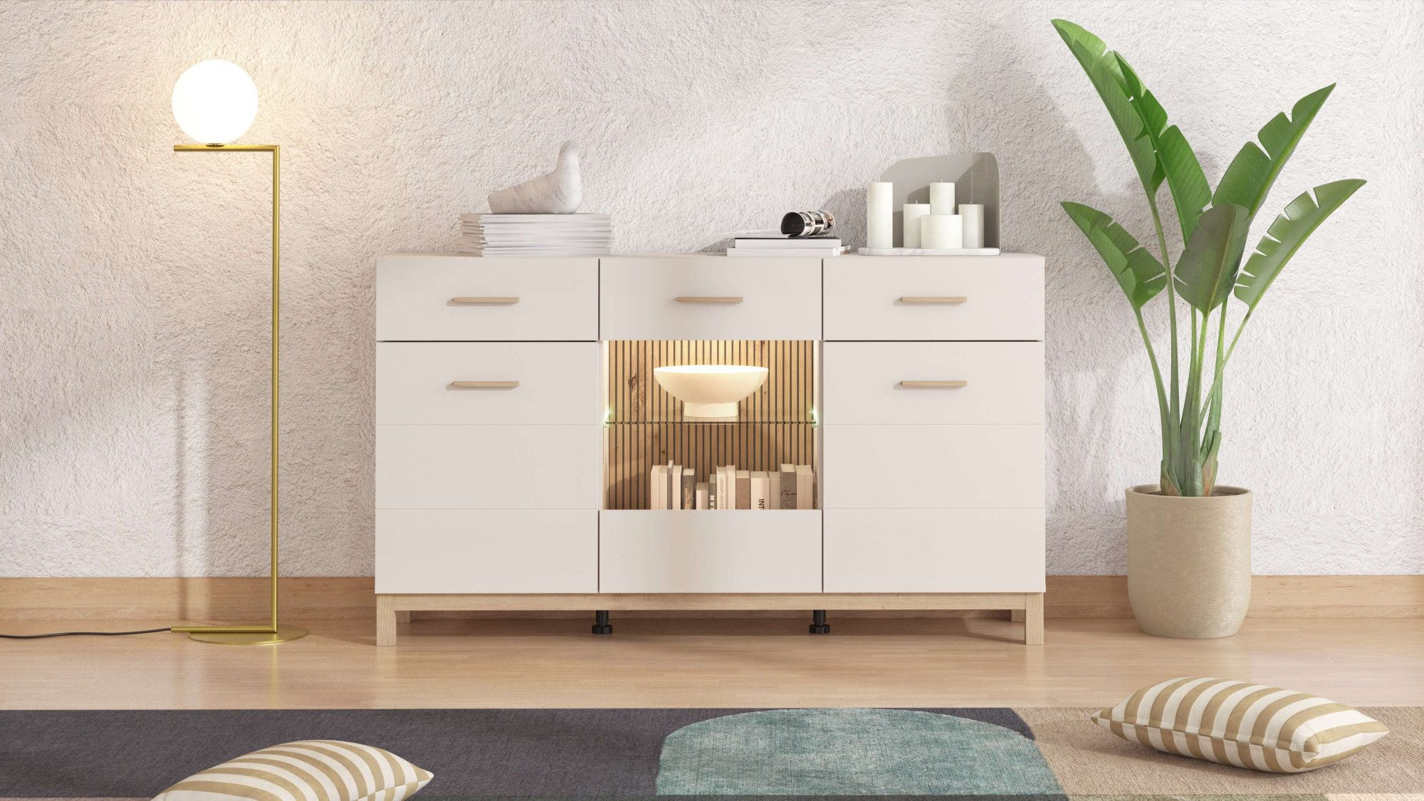 Home affaire Sideboard Essex, Kommode, Kombikommode, Anrichte, Schrank, Modernes Sideboard: Kaschmir-Dekor, 3 Türen & 2 Schubladen