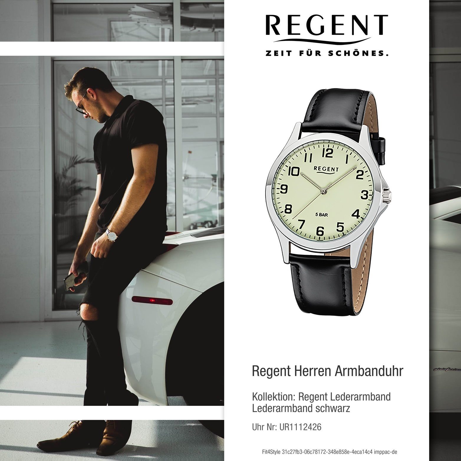 Regent Quarzuhr 39mm) schwarz, Herren Leder Analog, Uhr Lederarmband (ca. mittel 1112426 Herrenuhr Regent rundes Gehäuse