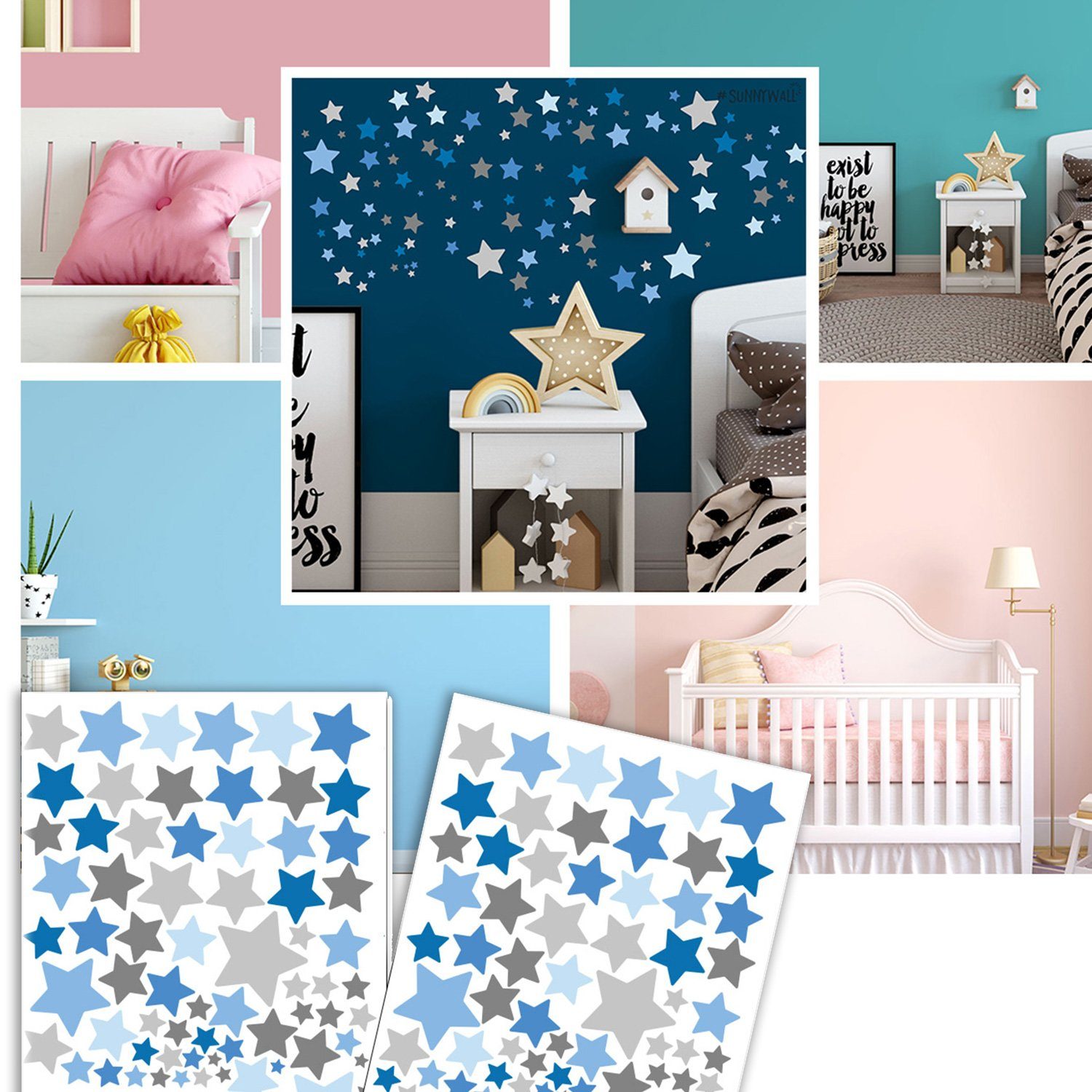 Sunnywall Wandtattoo Sterne Aufkleber Stars Wandsticker bunt, Sternenhimmel Wandtattoo, konturgeschnitten