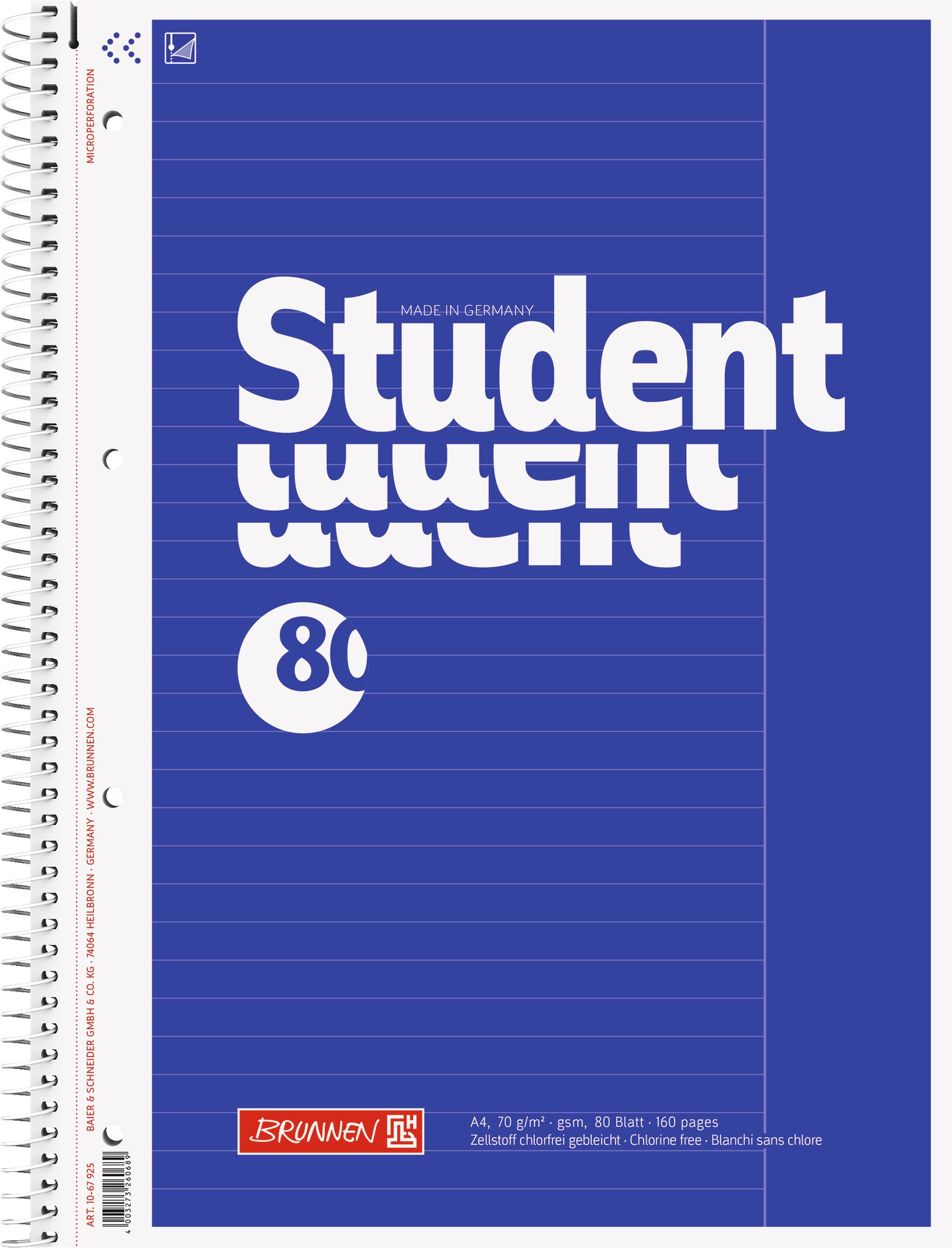 BRUNNEN Collegeblock Collegeblock Student A4 liniert, mit Rand, Lin. 25 Deckblatt: blau