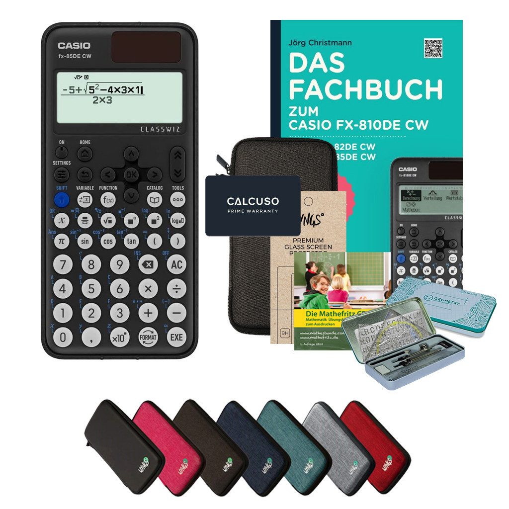 CASIO Taschenrechner fx-85DE CW - Premium Set inkl. Schutztasche Dunkelgrau & Fachbuch uvm.