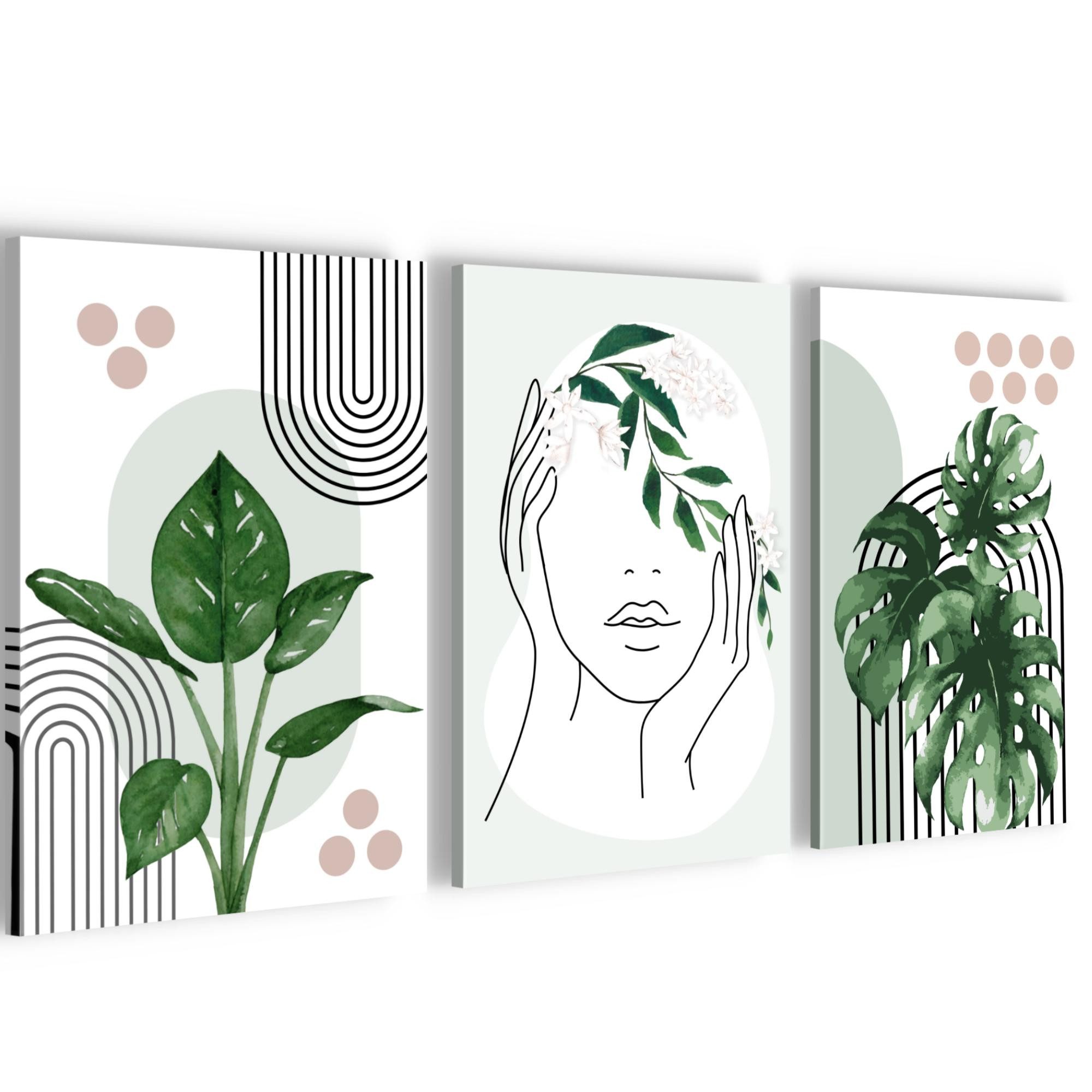 Novart Wandbild Abstrakt für Schlafzimmer Büro 3 Bilder Grün Pflanzen N041330a, 20 x 30 cm - 3 Bilder