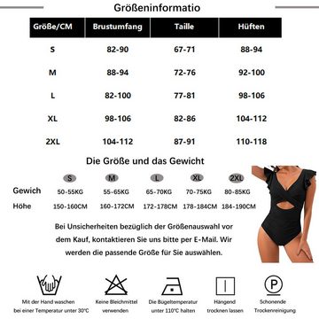 B.X Badekleid Damen Badeanzug mit plissiertem hohlem Rüschen tiefem V-Ausschnitt Schwimmanzug bauchfreier rückenfreier Wickelbadeanzug mit hoher Taille