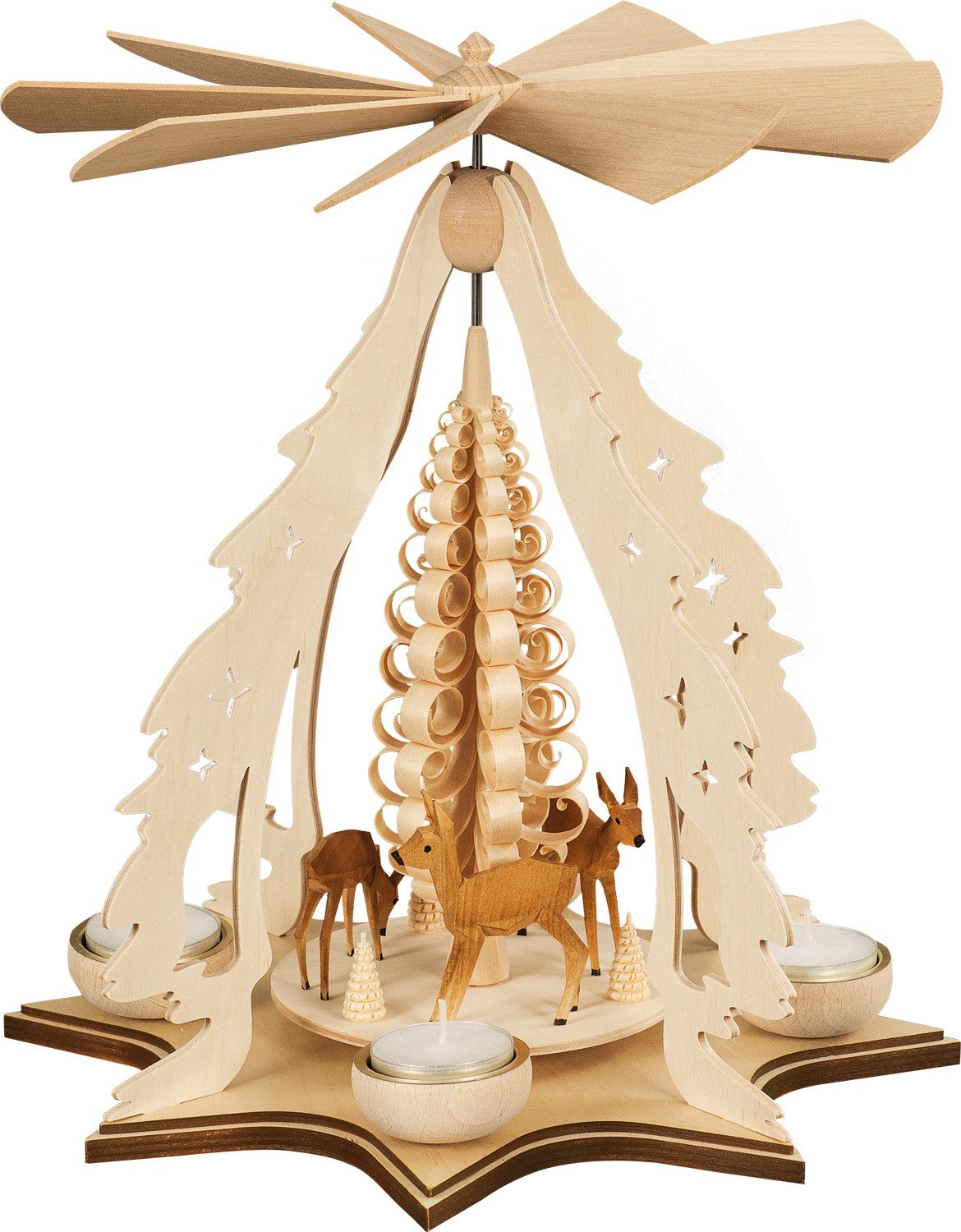Kunstgewerbe Katja Taulin Weihnachtspyramide Rehe natur für Teelichter - Höhe: 37 cm, Handarbeit aus dem Erzgebirge