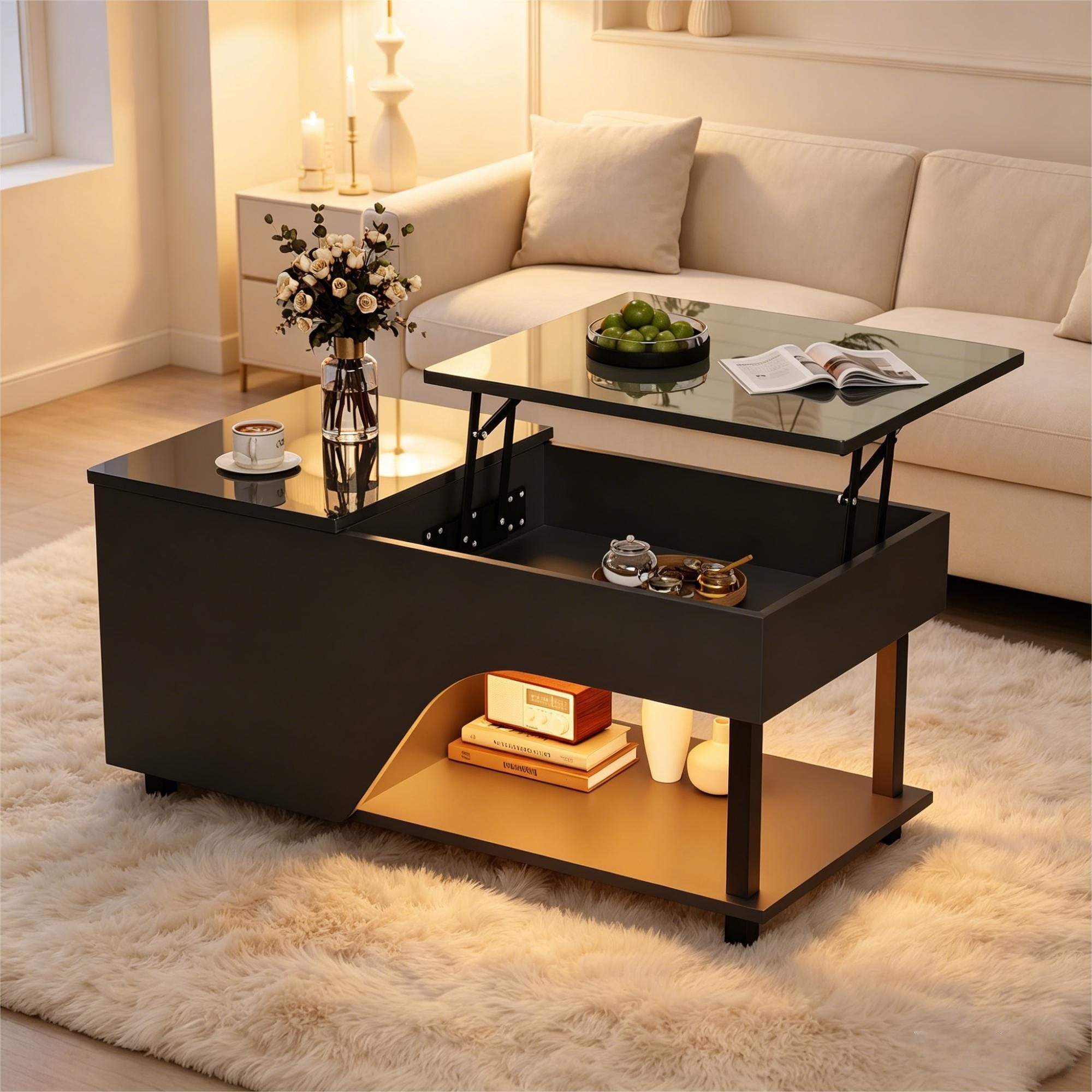 BlingBin Couchtisch 100x50x46cm Höhenverstellbarer Kaffeetisch, Hochglänzend LED-Sofatisch (1er Set, 1-St., Beträgt 35 kg, Teetisch mit Seitlicher Ablage), Durchbrochener Beistelltisch mit Stauraum für Wohnzimmer, Schwarz