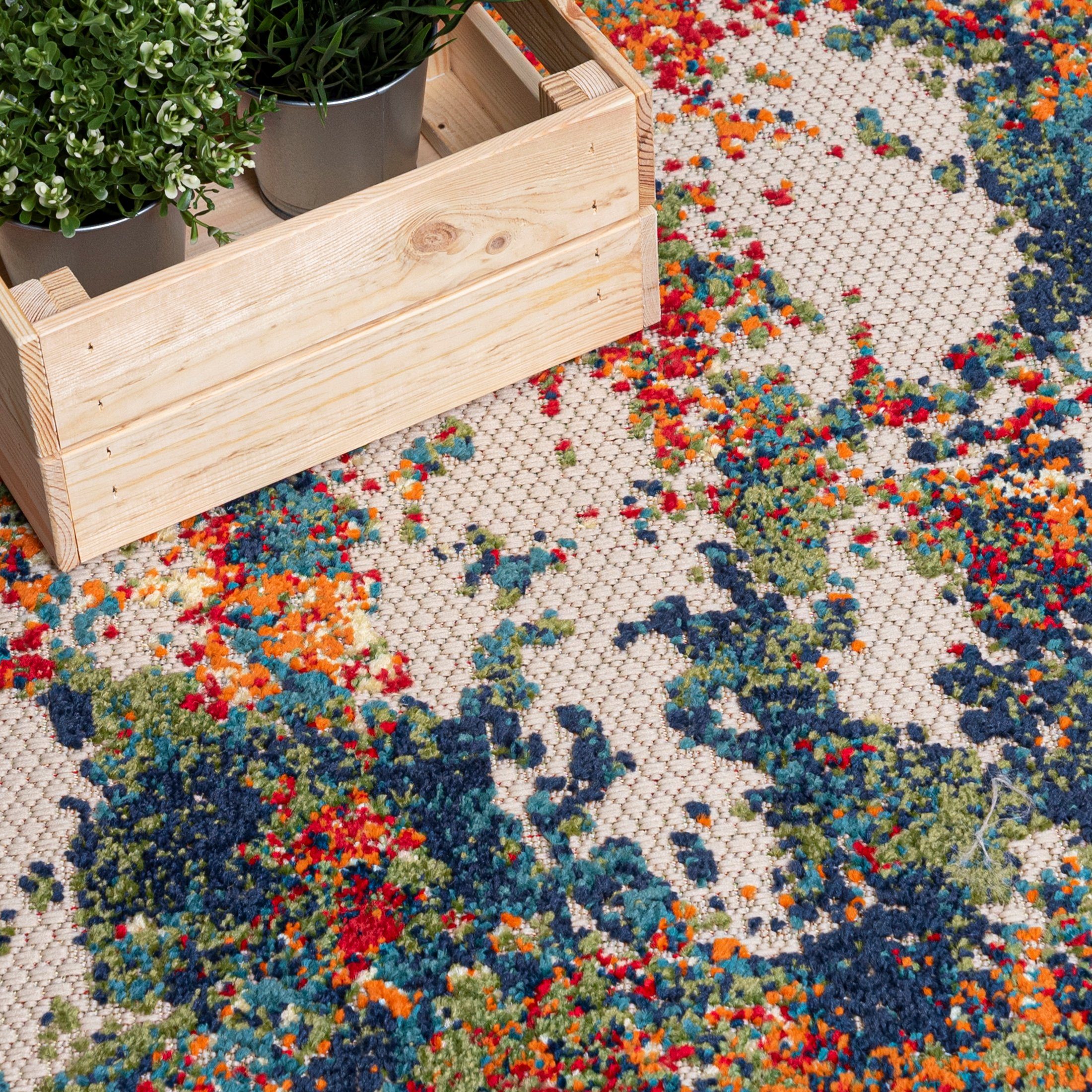 Mazovia Designteppich In- & Outdoor Teppich Wetterfest & UV-beständig Balkon - Bunt, 80 x 150 cm, Höhe 6 mm, Kurzflor, Weich, Pflegeleicht, Flachgewebe