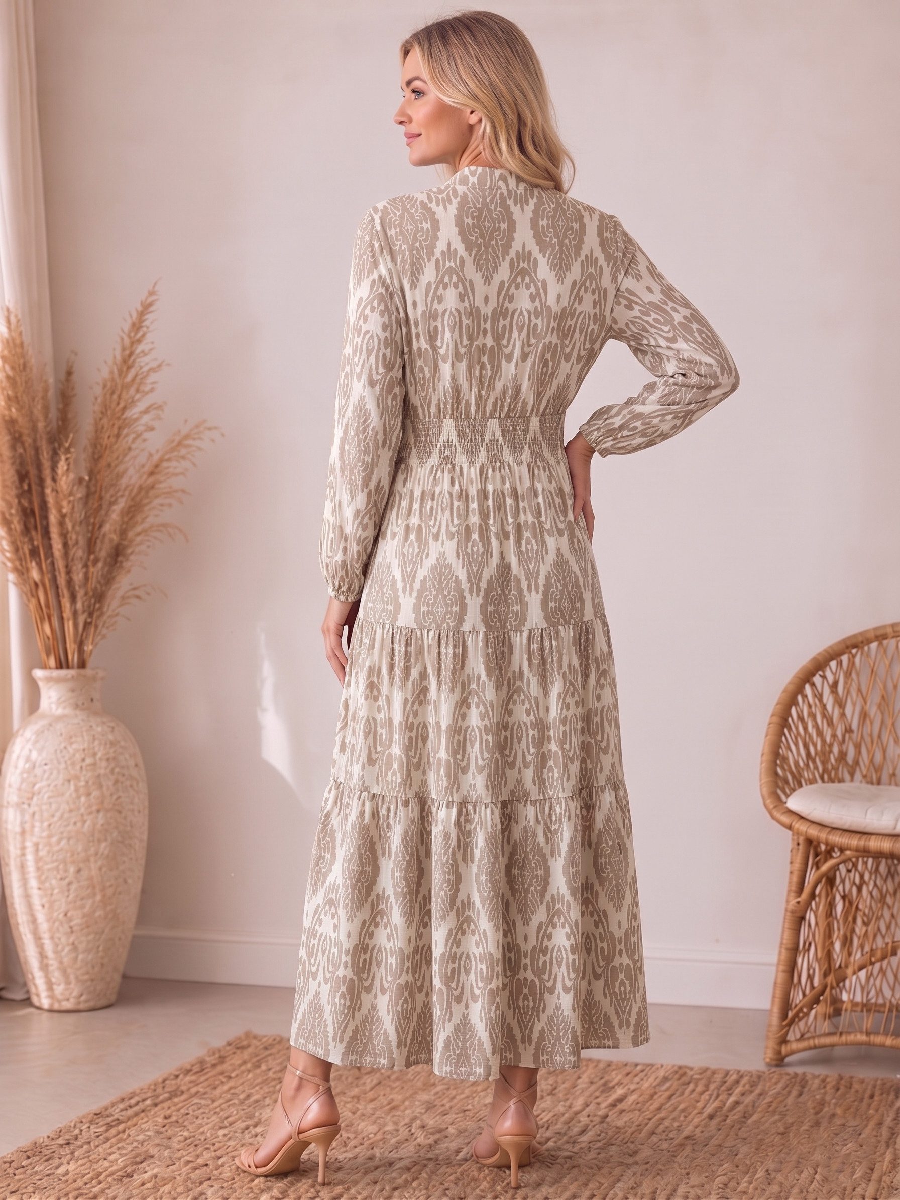 Kendindza Collection Maxikleid Sommerkleid Damen Lang Viskose Elegantes Sommer Kleid lang Maxi Kleid Ikat-Print Knopfleiste & Schnurbund, Luftig Leicht – Bild 4 von 4
