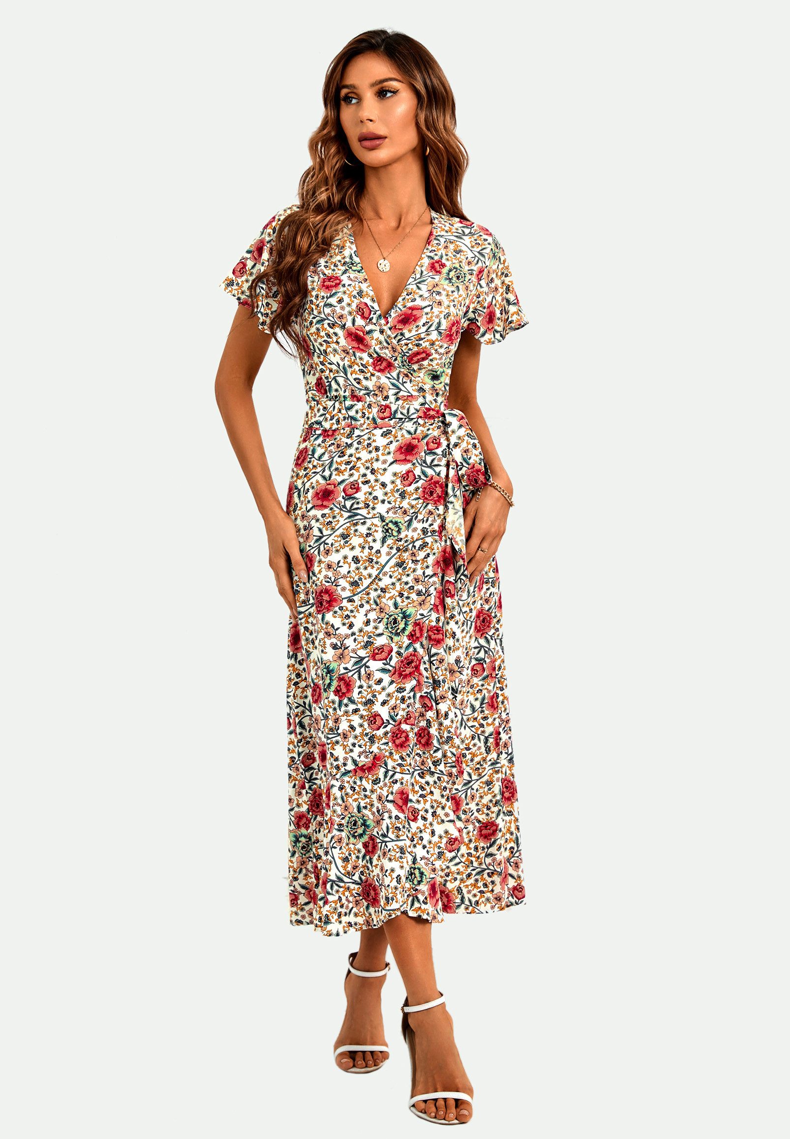 FS Collection Wickelkleid Damen Wickel Midikleid Sommerkleid V-Ausschnitt Engelsärmel festlich Creme und Weiß aus 100% Baumwolle - Beige aus 100% Viskose