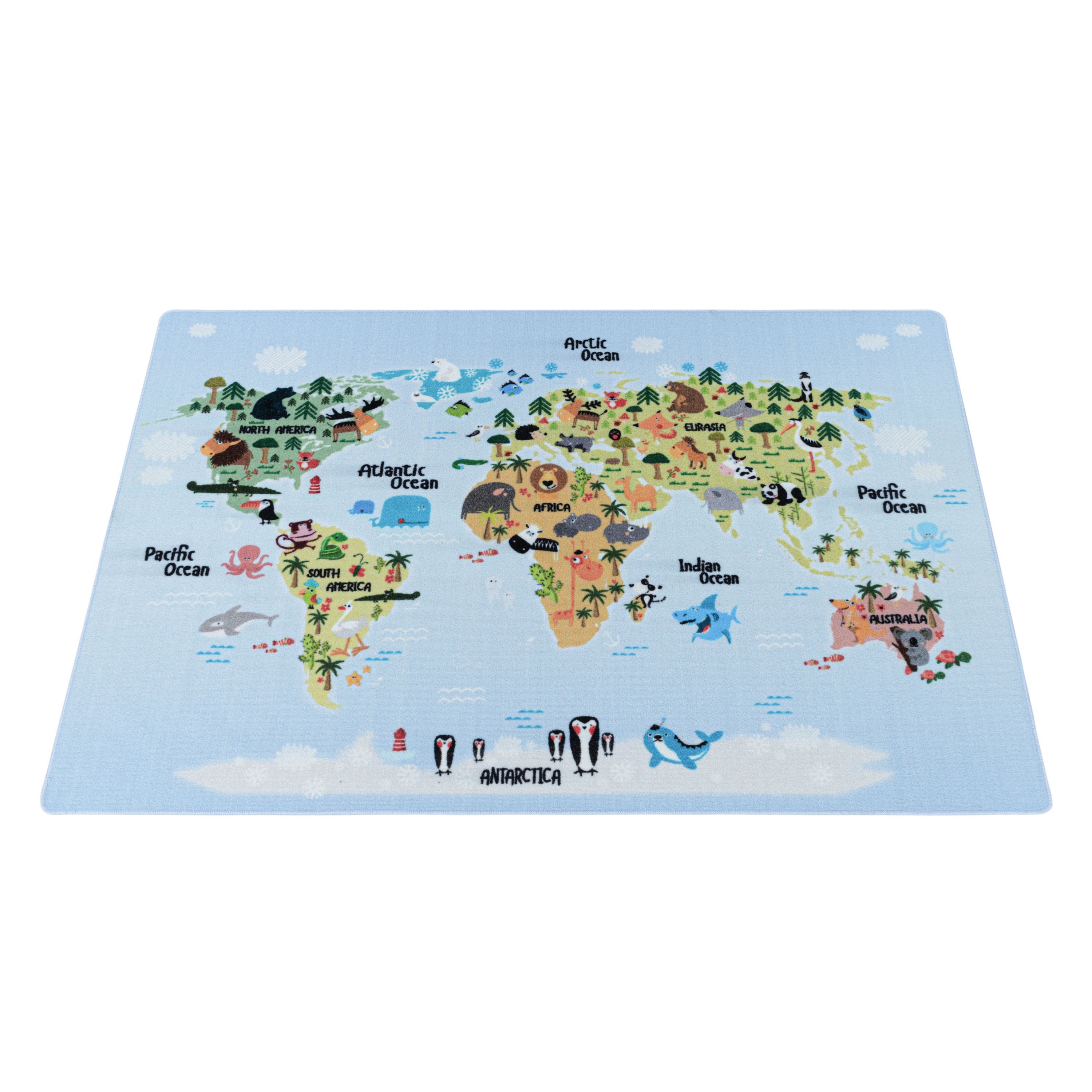 Kinderteppich Weltkarte mit Tierdesign, Carpettex, Rechteckig, Höhe: 7 mm, Kinderteppich Weltkarte mit Tierdesign Teppich Kinderzimmer Rutschfest