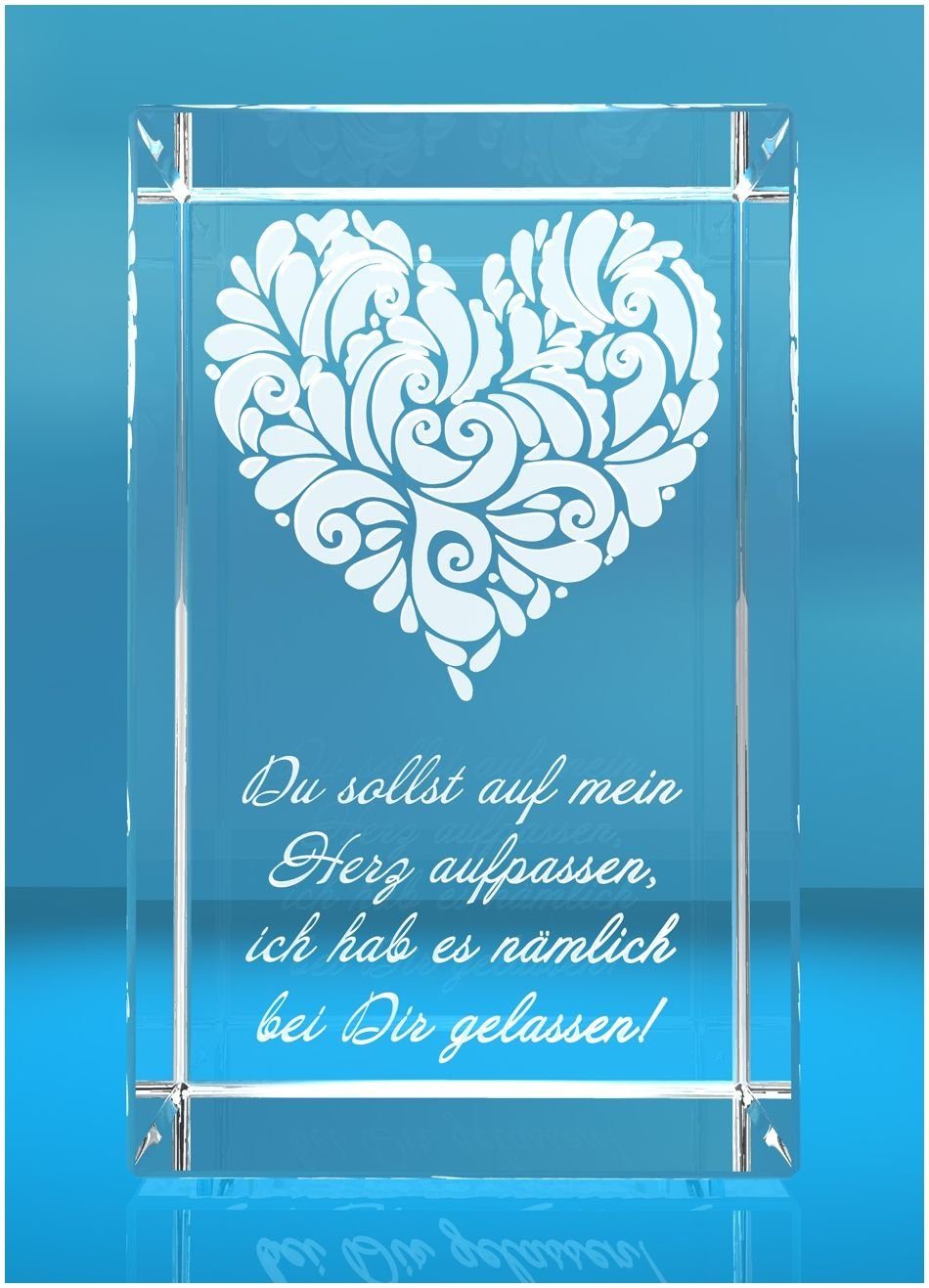 Herz 3D Made in Germany, sollst Herz Hochwertige Geschenkbox, Dekofigur verziertes Glasquader aufpassen..., mein auf VIP-LASER Familienbetrieb Du