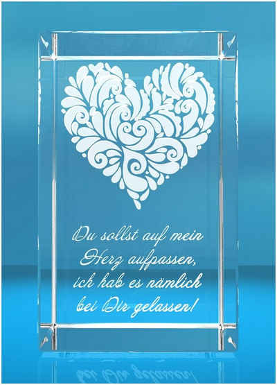VIP-LASER Dekofigur 3D Glasquader verziertes Herz Du sollst auf mein Herz aufpassen..., Hochwertige Geschenkbox, Made in Germany, Familienbetrieb