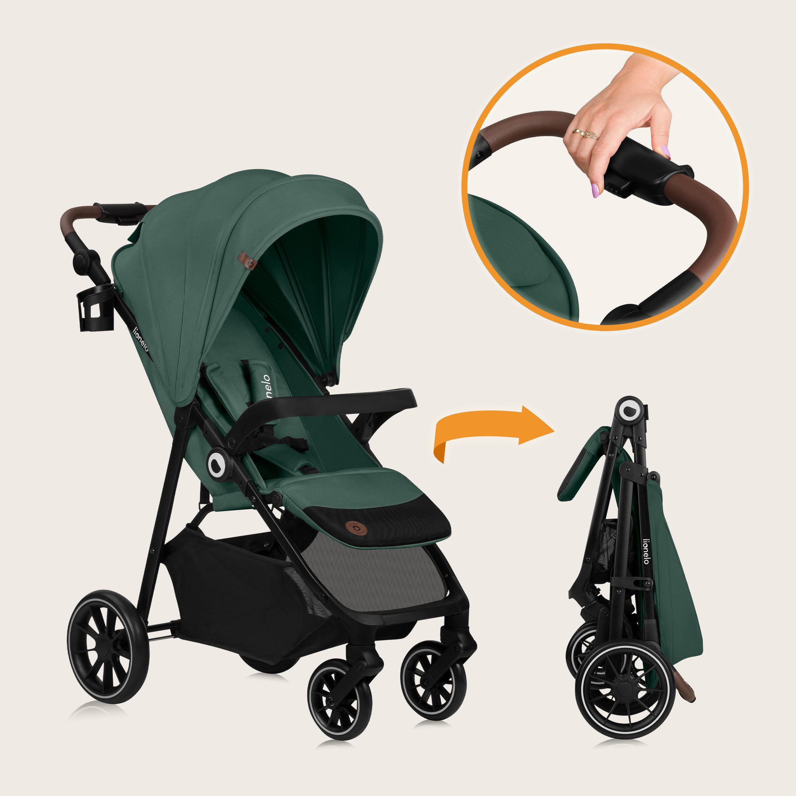 lionelo Kombi-Kinderwagen EMMA ONE, (Set), Wartungsfreie Räder/Einhand-Faltmechanismus/XXL-Verdeck