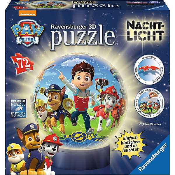 Ravensburger 3D-Puzzle Paw Patrol - Puzzle-Ball, Nachtlicht, 72 Puzzleteile